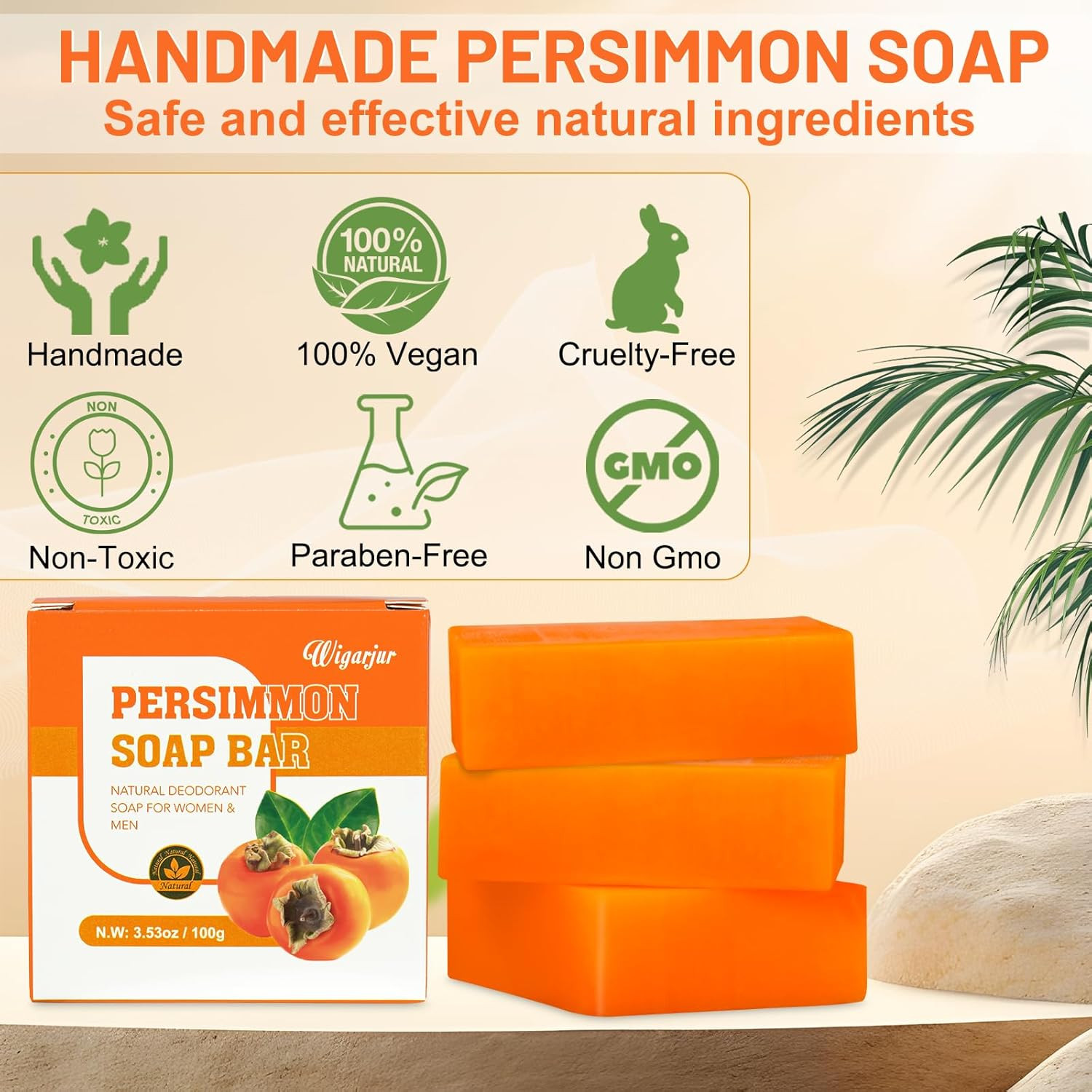 3 PCS Persimmon Soap Bar for Old People Smell, Natural Deodorant Body Face Bar S