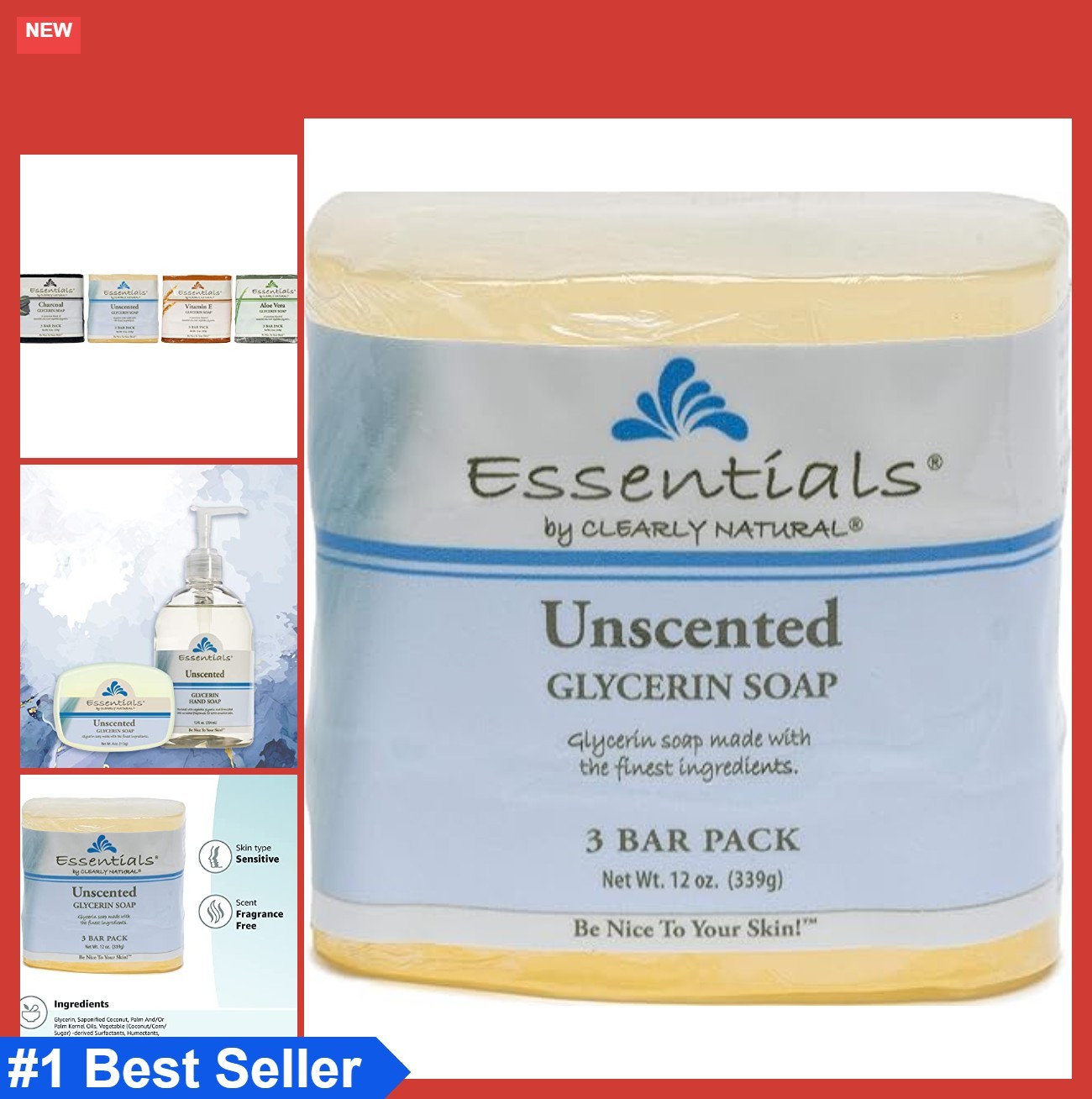 Glycerin Bar Soap Unscented 4 Ounce Pack of 3 Moisturizing Sensitive Skin