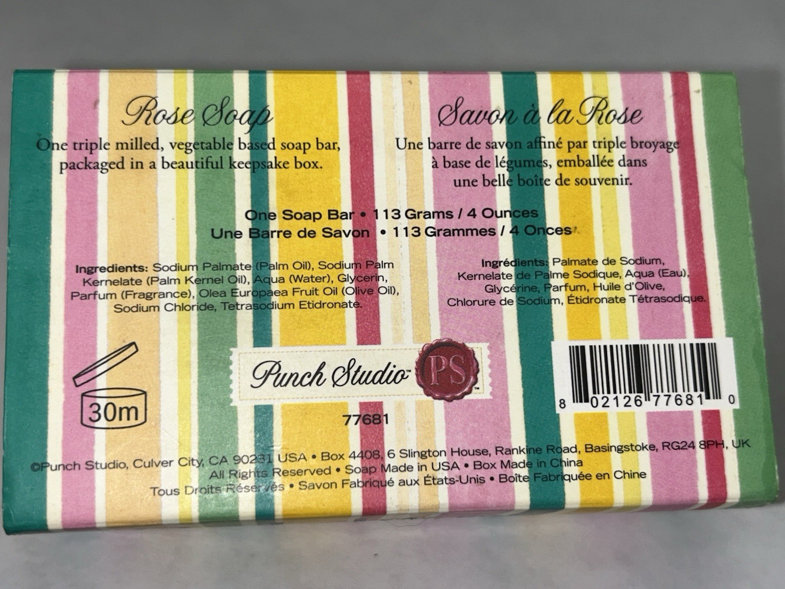 Punch Studio Rose Vegetable Based Luxury Scented Bath Bar Soap 4 oz Keepsake Box