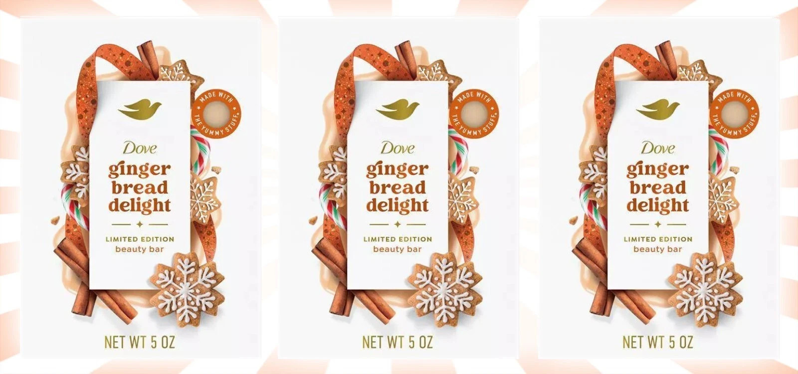 3 Dove Beauty Limited Edition Holiday Treat Bar Soap Gingerbread Delight 5 OZ