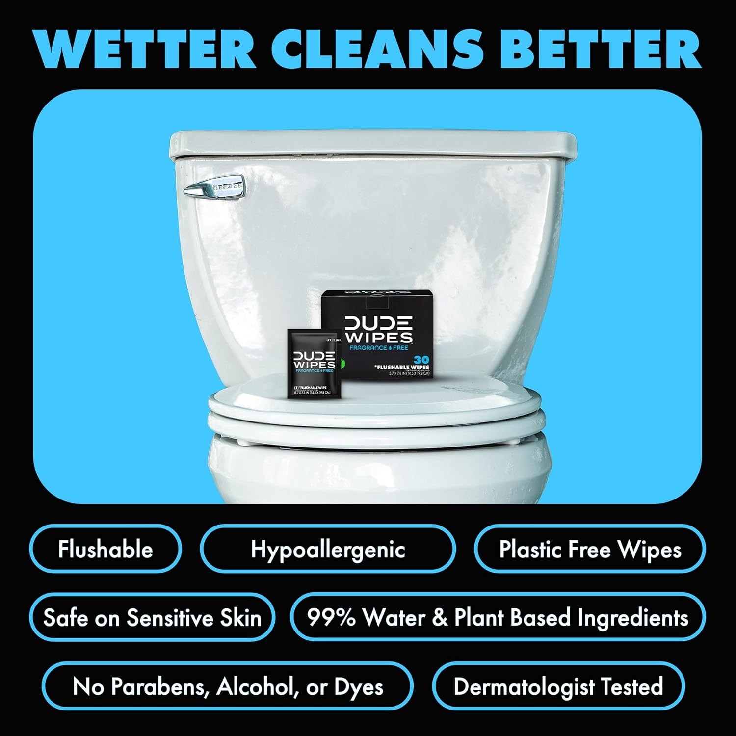 Travel-Friendly Flushable Wipes – 30 Extra-Large, Unscented, Hypoallergenic