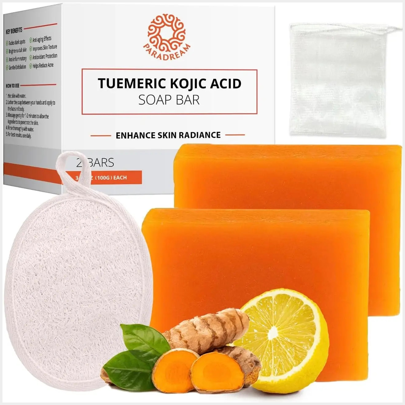 Kojic Acid Soap and Loofah Sponge Set: Soap Bar with Turmeric Vitamin C Retinol
