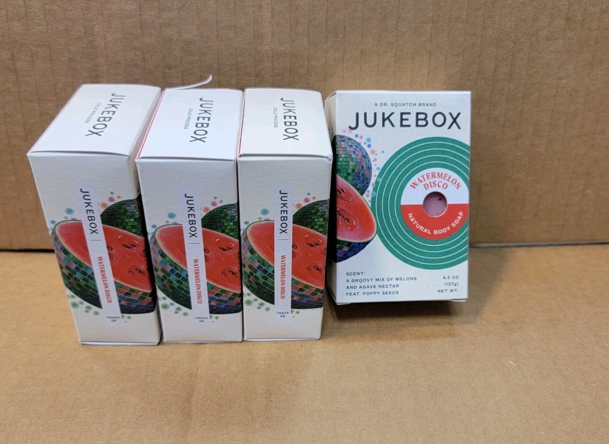 Lot Of 4 JUKEBOX Watermelon Disco Body Soap W/ Poppy Seeds 4.5oz/bar Dr. Squatch