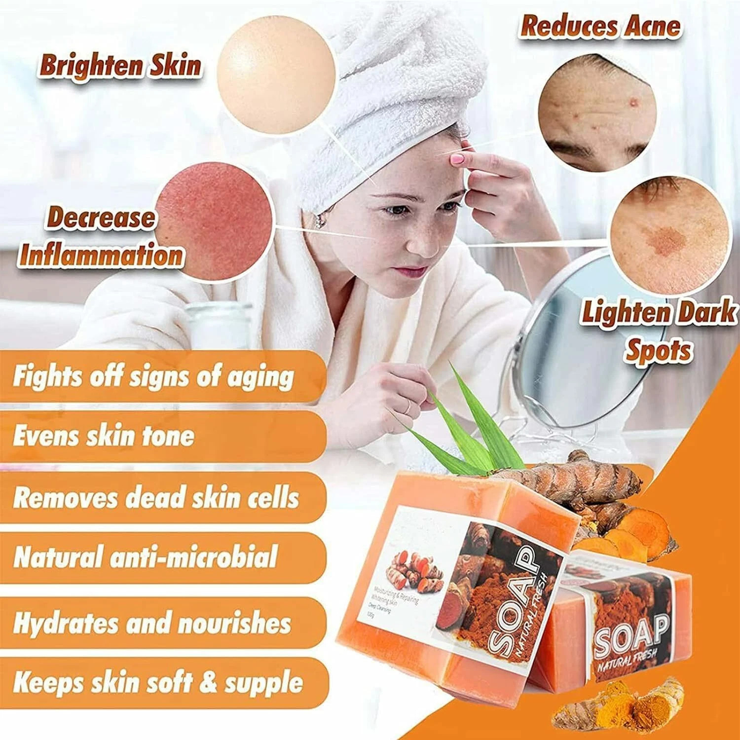 1/3/10pcs Tumeric Soap Skin Whitening Dark Spots lightening Acne Brightening