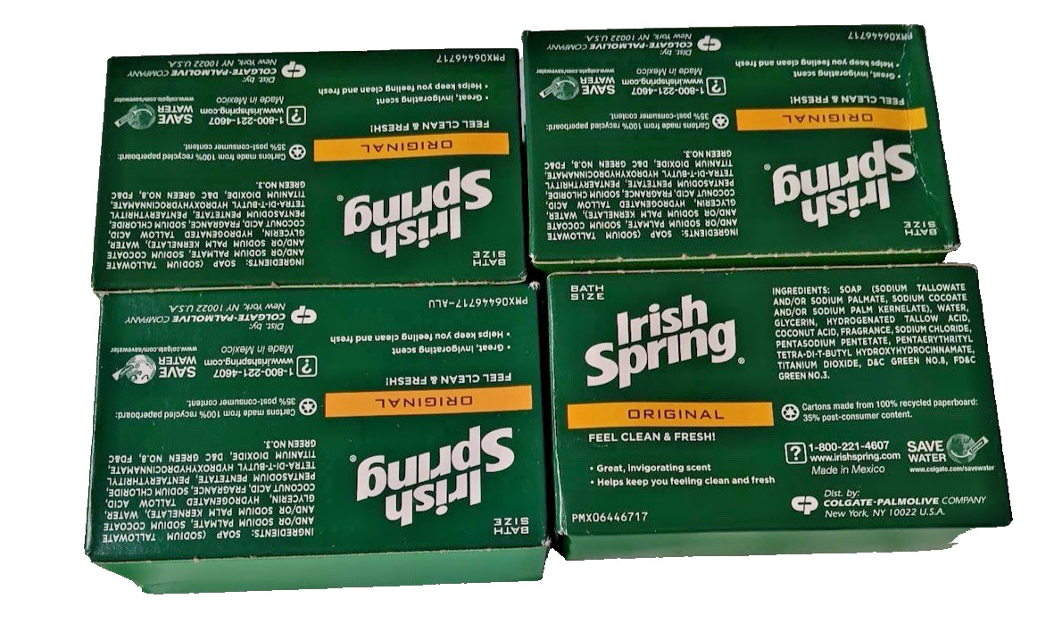 Irish Spring ORIGINAL Deodorant Soap Lot of 4 Large Bars 3.7 Oz New No Flax