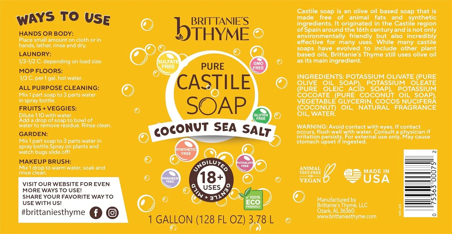 Brittanie’s Thyme Pure Castile Soap – Coconut Sea Salt, 1 Gallon (128 oz) – Natu