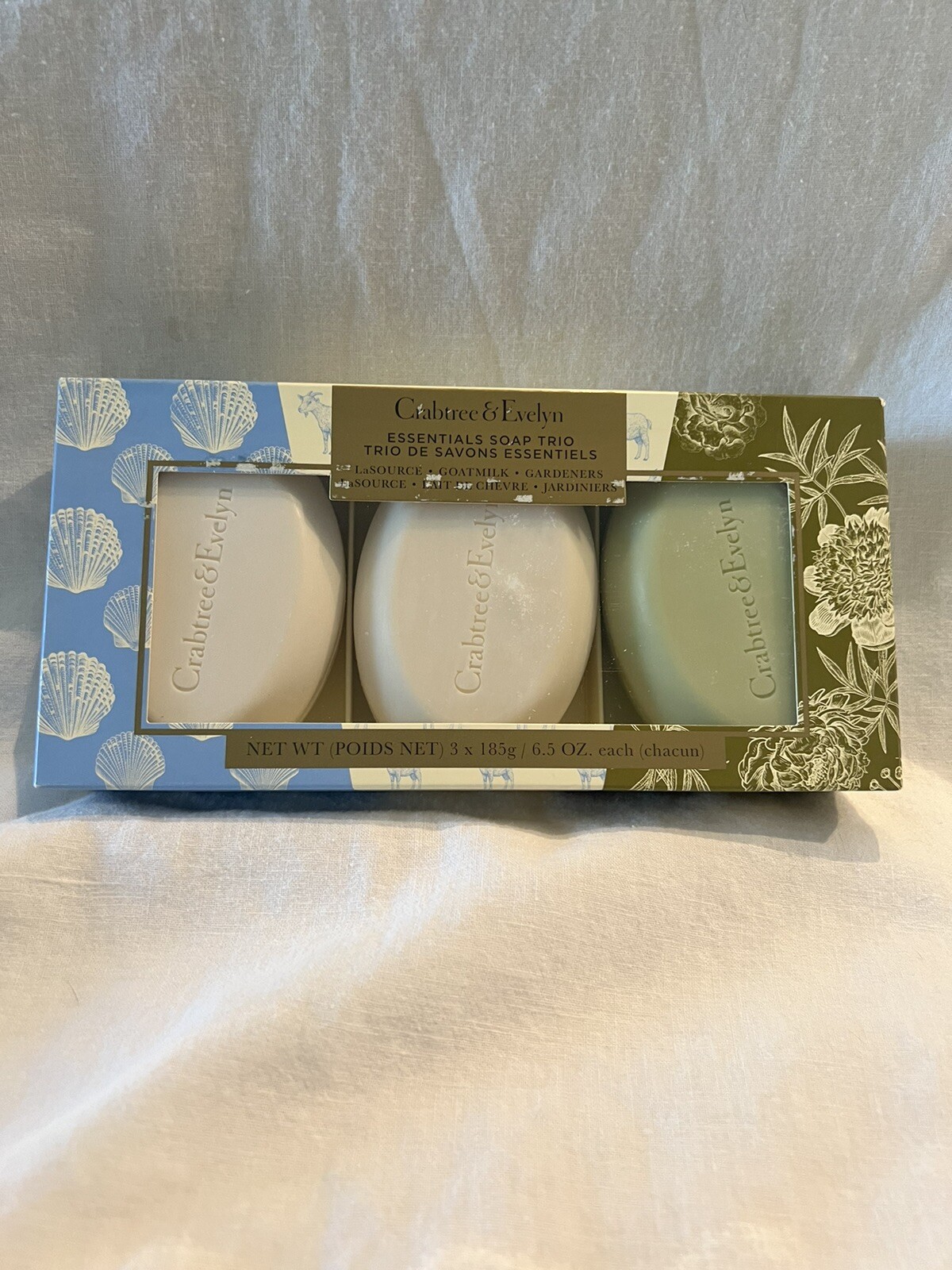 Crabtree & Evelyn Essentials Soap Trio LA SOURCE GOATMILK GARDENER NIB 6.5 oz ea