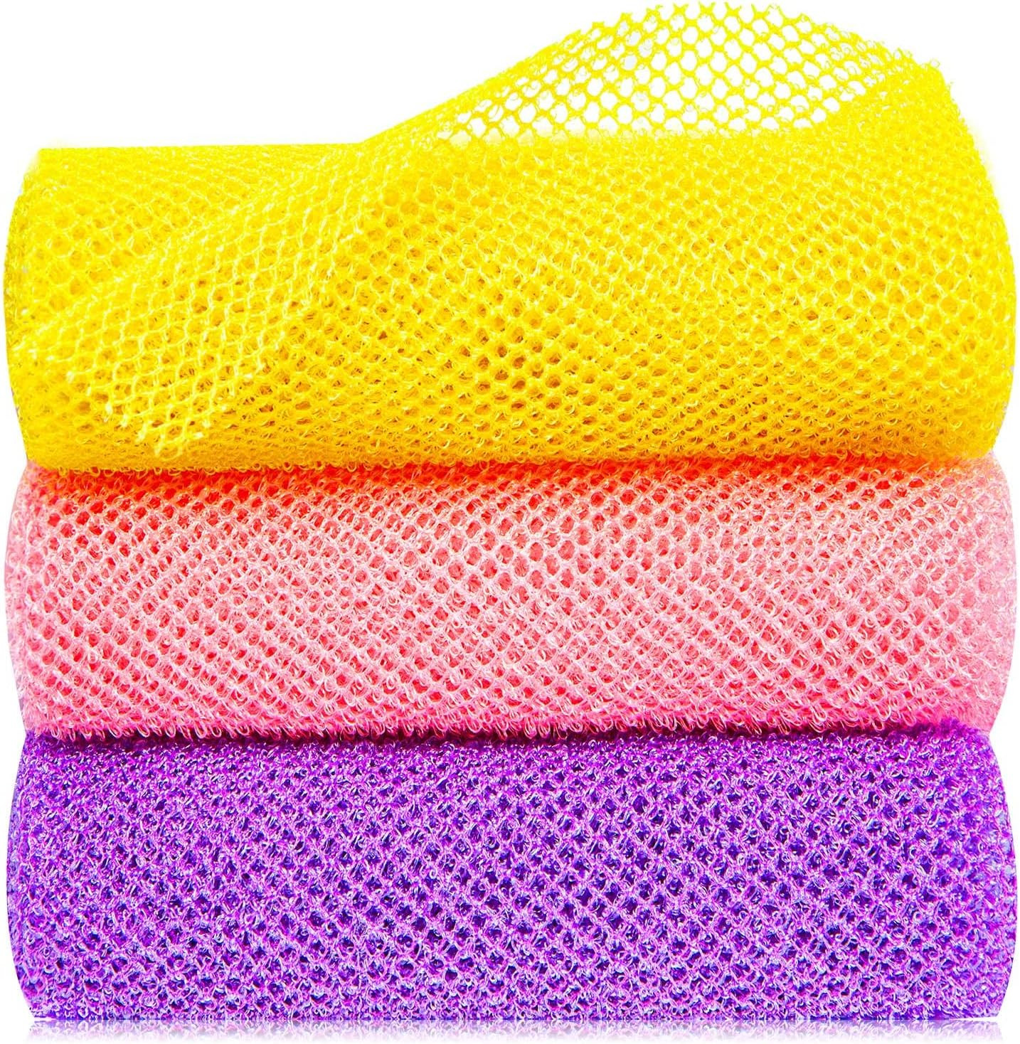 3 Pcs African Exfoliating Net Sponge 3 Count (Pack of 1), Yellow,purple,pink
