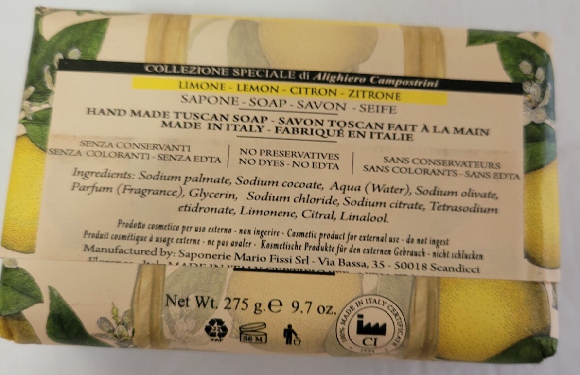 Lemon Luxury Soap Bar Sapone Hand Made Tuscan Preservative Free 9.7 oz