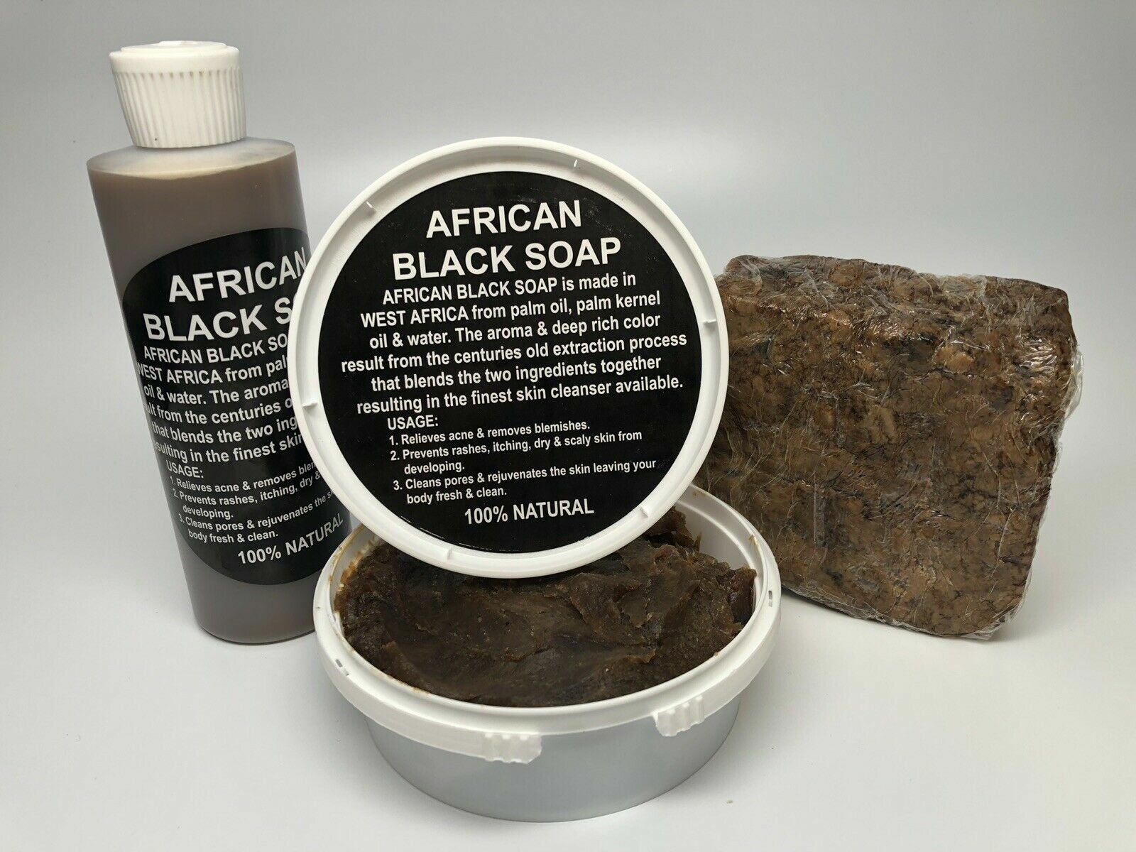Raw African Black Soap Liquid Paste – Pure Natural Organic Body 3PC BUNDLE SET