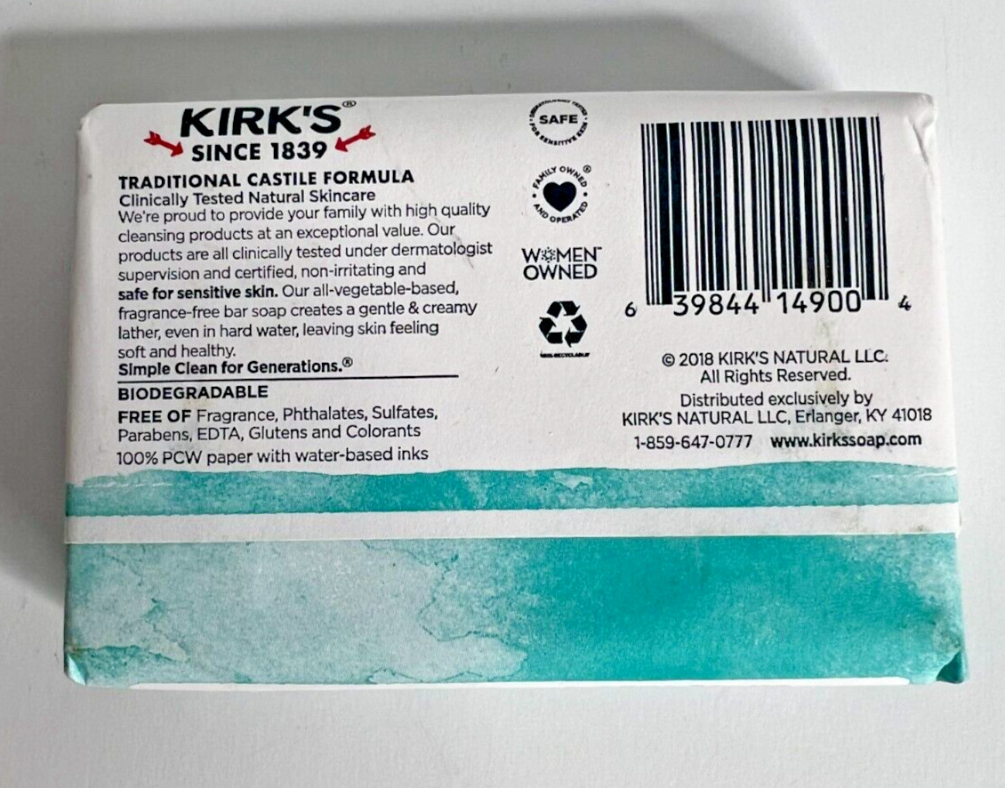 2 Kirk’s Gentle Castile Soap Sensitive Skin 100% Coconut Oil 4 oz Bar