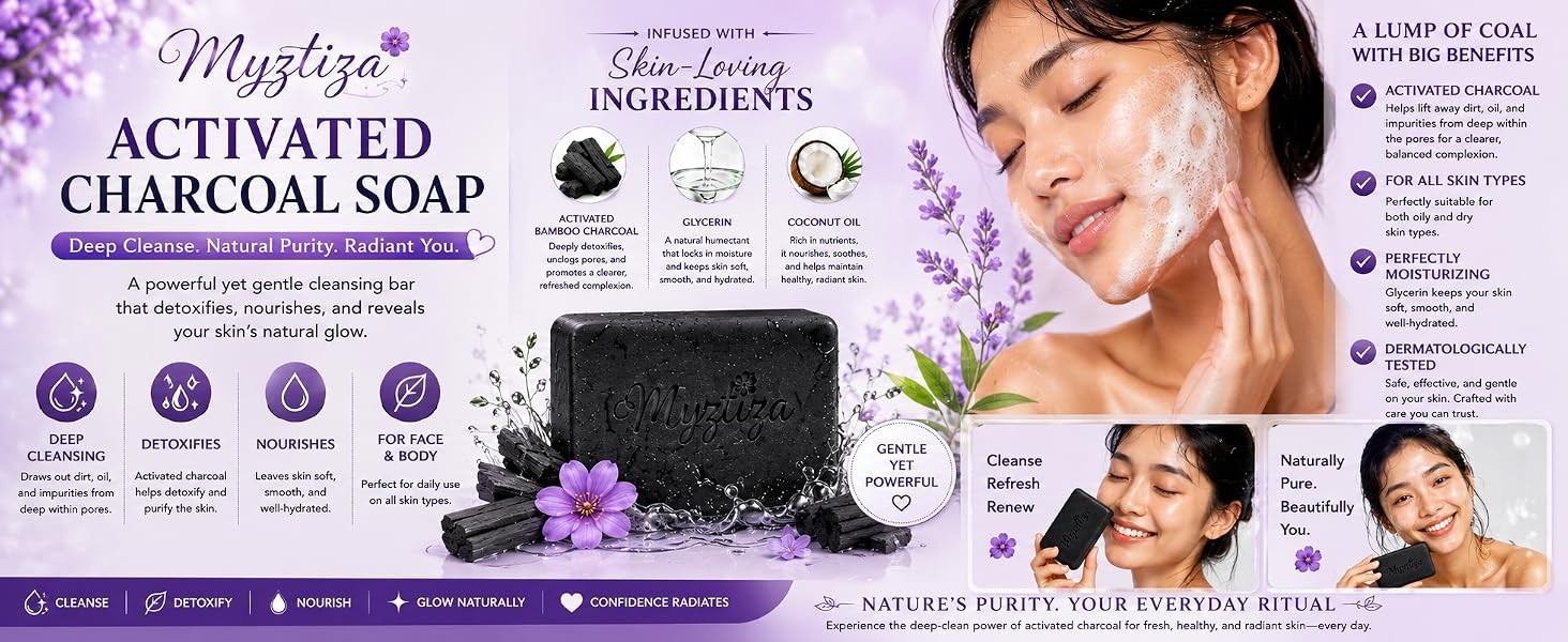 Myztiza Activated Charcoal Bar Soap for Face & Body – 2 Pack 135g Each