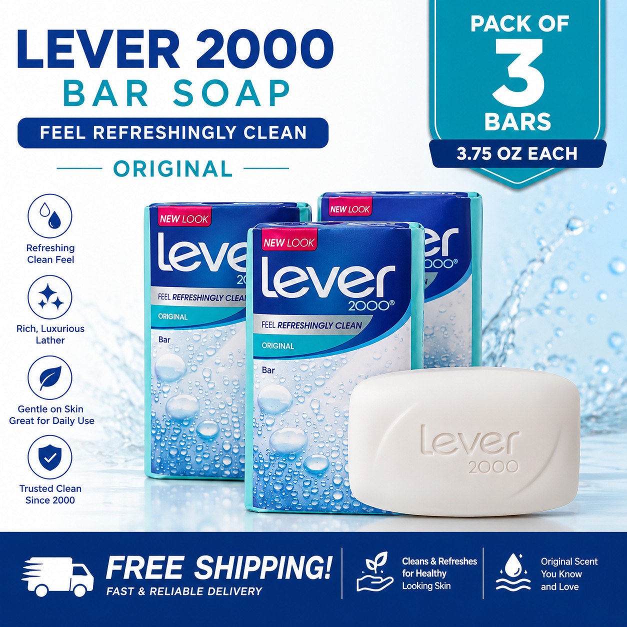 Lever 2000 Original Bar Soap 3.75oz Pack of 3 Refreshingly Clean Face Body Wash