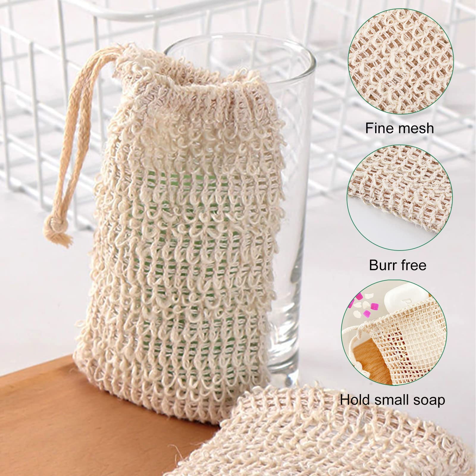 15 Pack Soap Bag, Natural Sisal Soap Saver Bag with Drawstring, Exfoliating S…