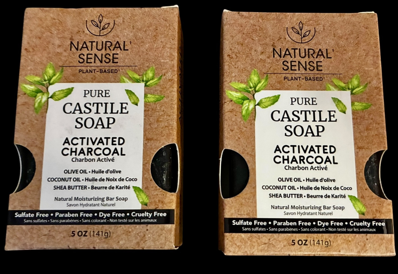2 x Natural Sense Plant-Based Pure Castile Bar Soap Activated Charcoal 5 oz 141g