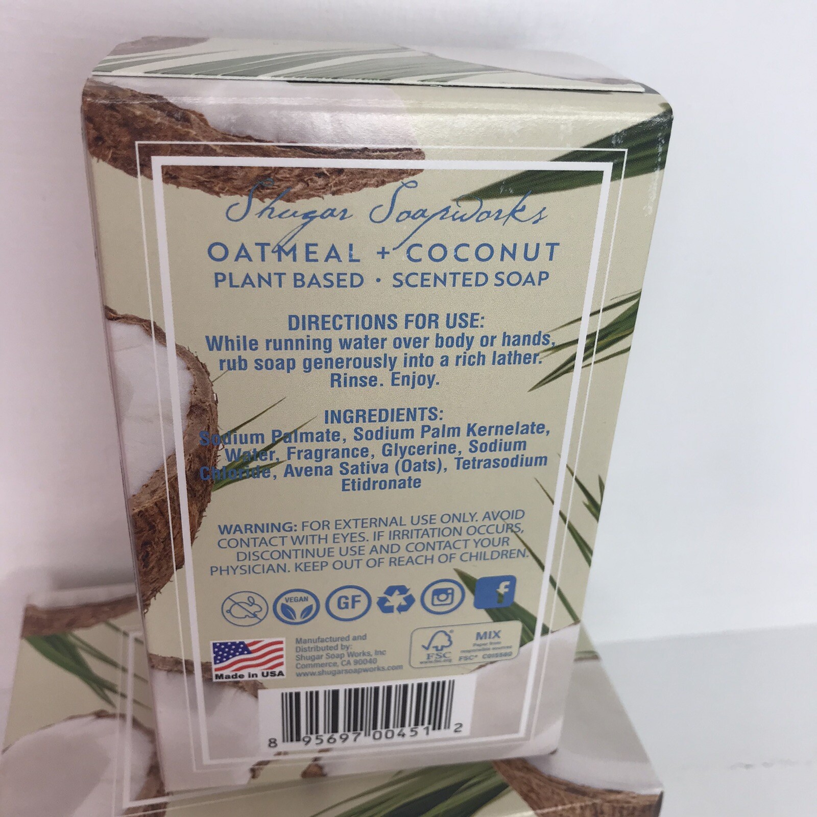 Shugar Soapworks Lot of 2 Oatmeal Coconut Vegan Plant Base Soap 6.25 oz New