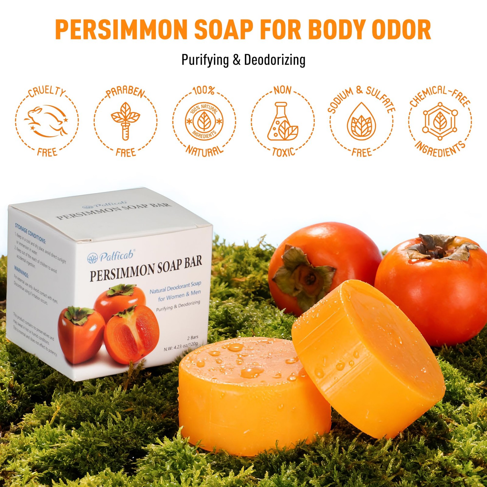 120G Round Persimmon Soap for Body Odor & Old People Smell Eliminator, Natura…