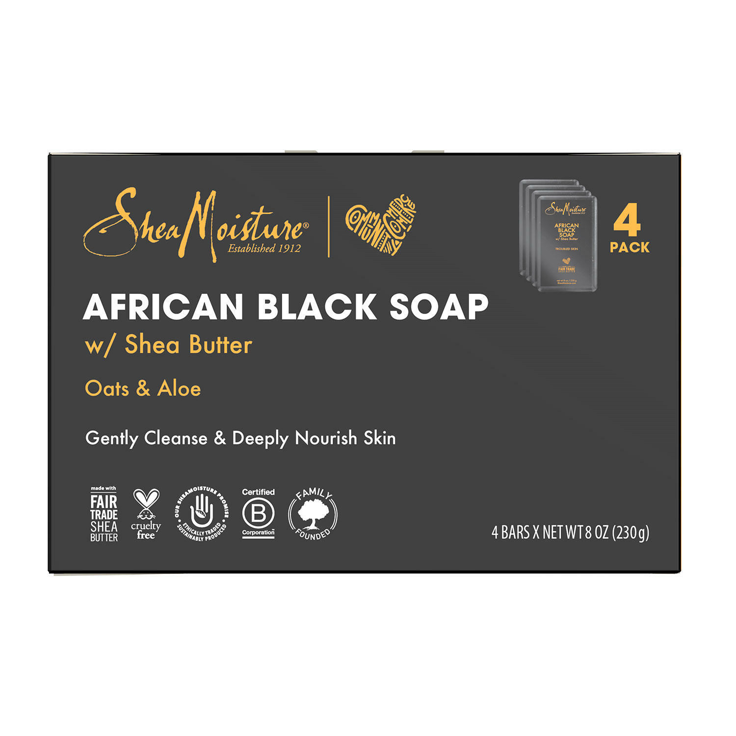 SHEA MOISTURE AFRICAN BLACK SOAP WITH SHEA BUTTER, (8 oz, 4 PK) NO PARABENS