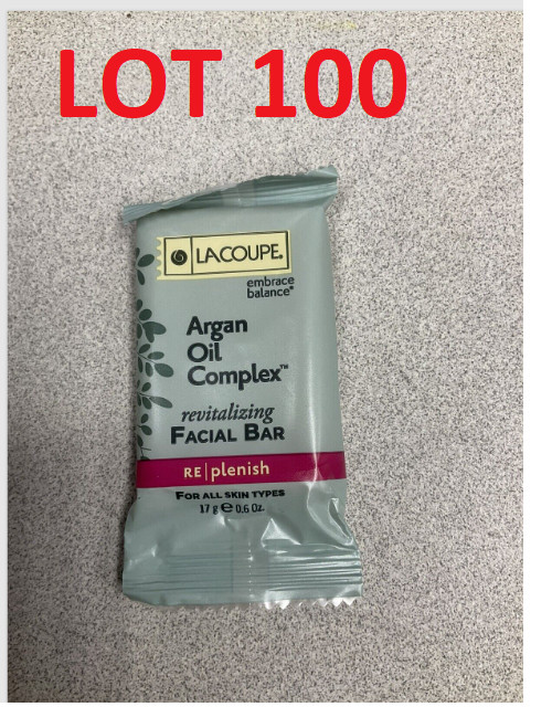LOT OF 100 LACOUPE ‘ARGAN OIL COMPLEX’ Revitalizing FACIAL BAR SOAP .6 oz / 17g