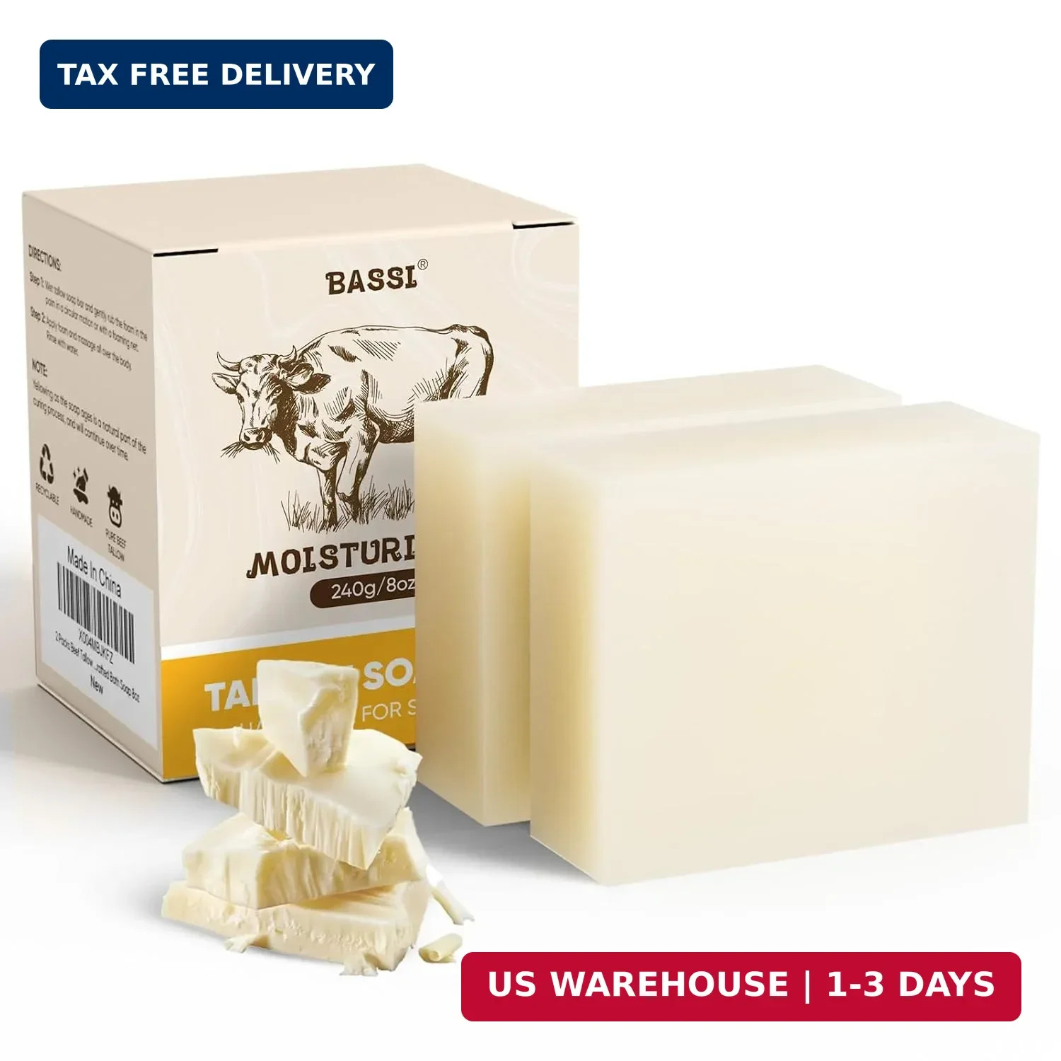 Beef Tallow Soap Bar, 2 Pack All Natural Grass Fed Tallow Soap, Moisturizing USA