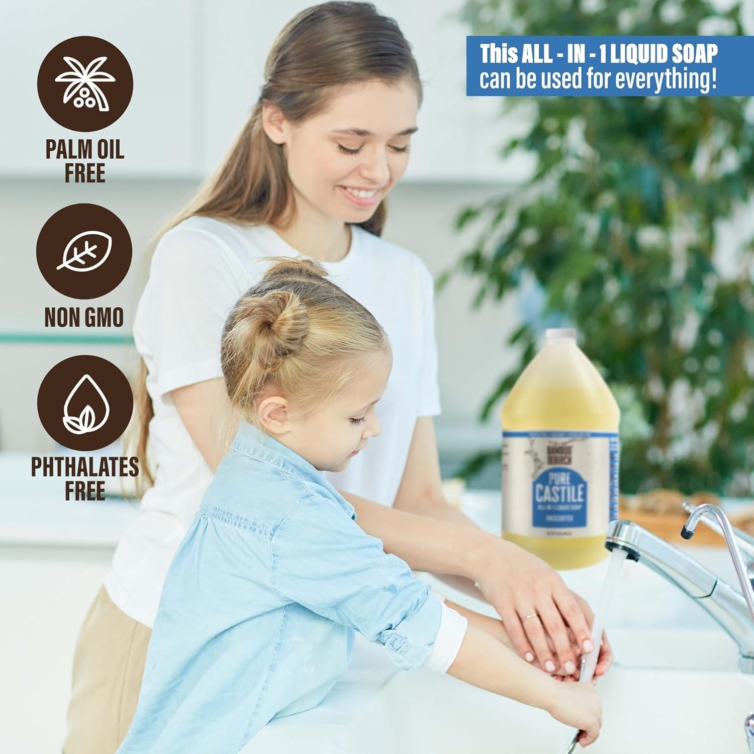Pure Castile Soap Liquid Organic, Certified Palm 32 FL OZ or 64 Fl Oz Unscented