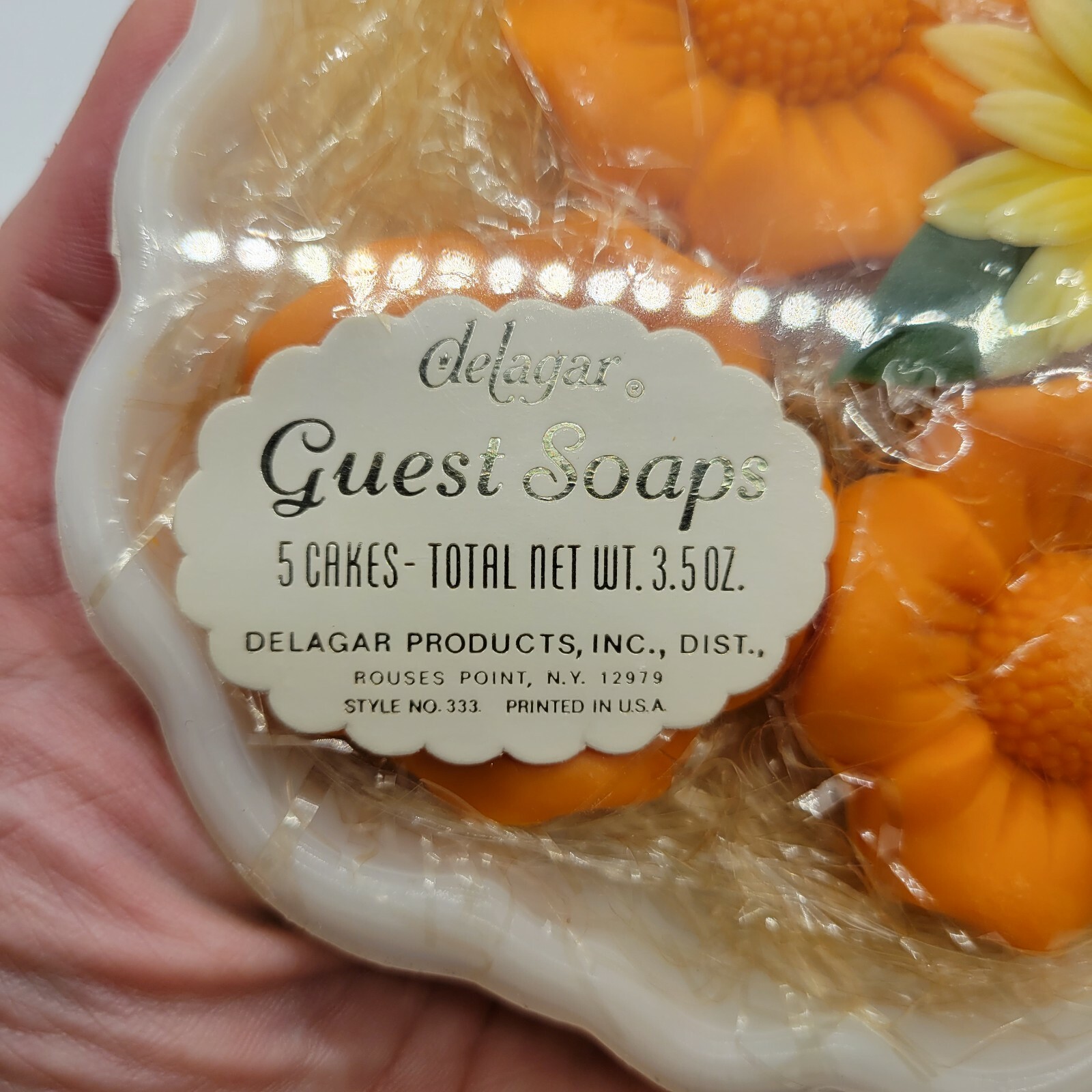 Vintage Delagar Orange Floral Guest Soaps sealed in Package Milk Glass Dish