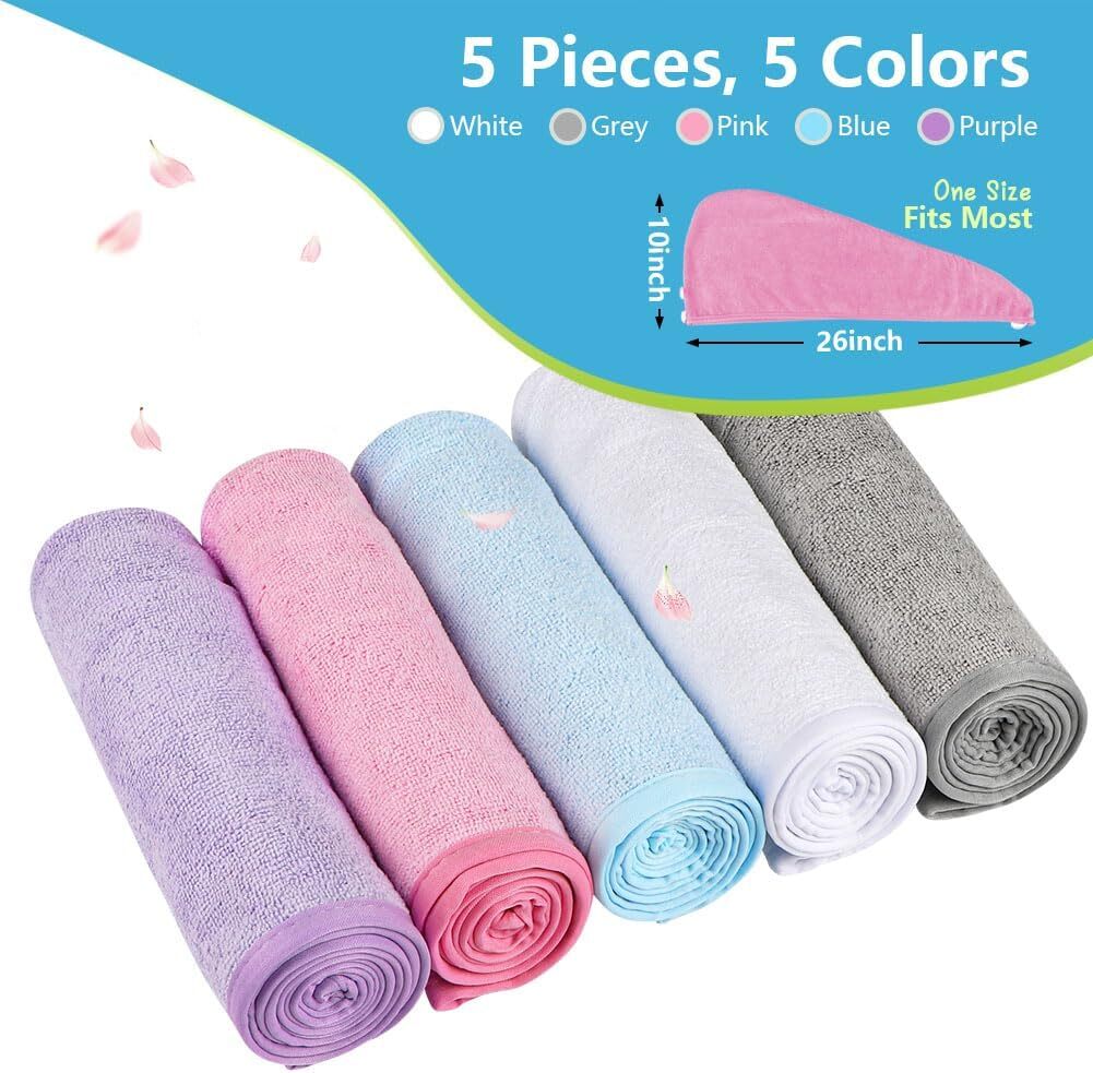 AIDEA Microfiber Hair Towel Wrap, 5 Pack Turbans, 26″×10″, Multicolor