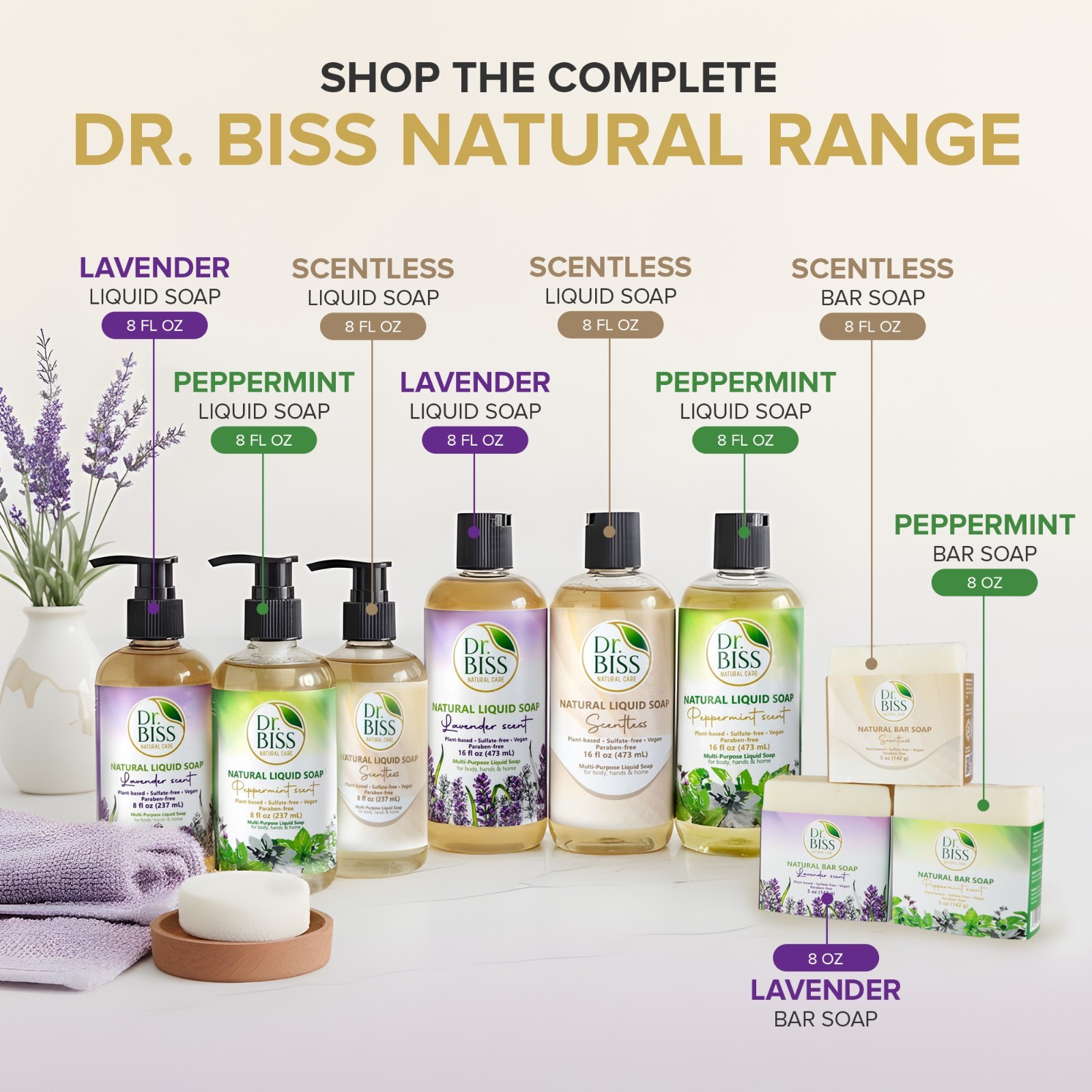 Dr. BISS Natural Vegan Liquid Soap 16 oz – Lavender, Peppermint & Unscented Wash