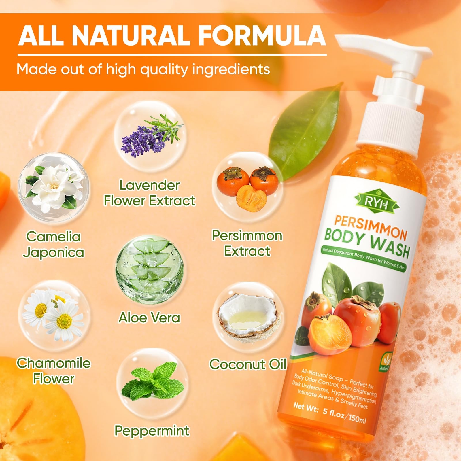 RYH Persimmon Gel de baño para control de olores corporales: jabón desodorante n