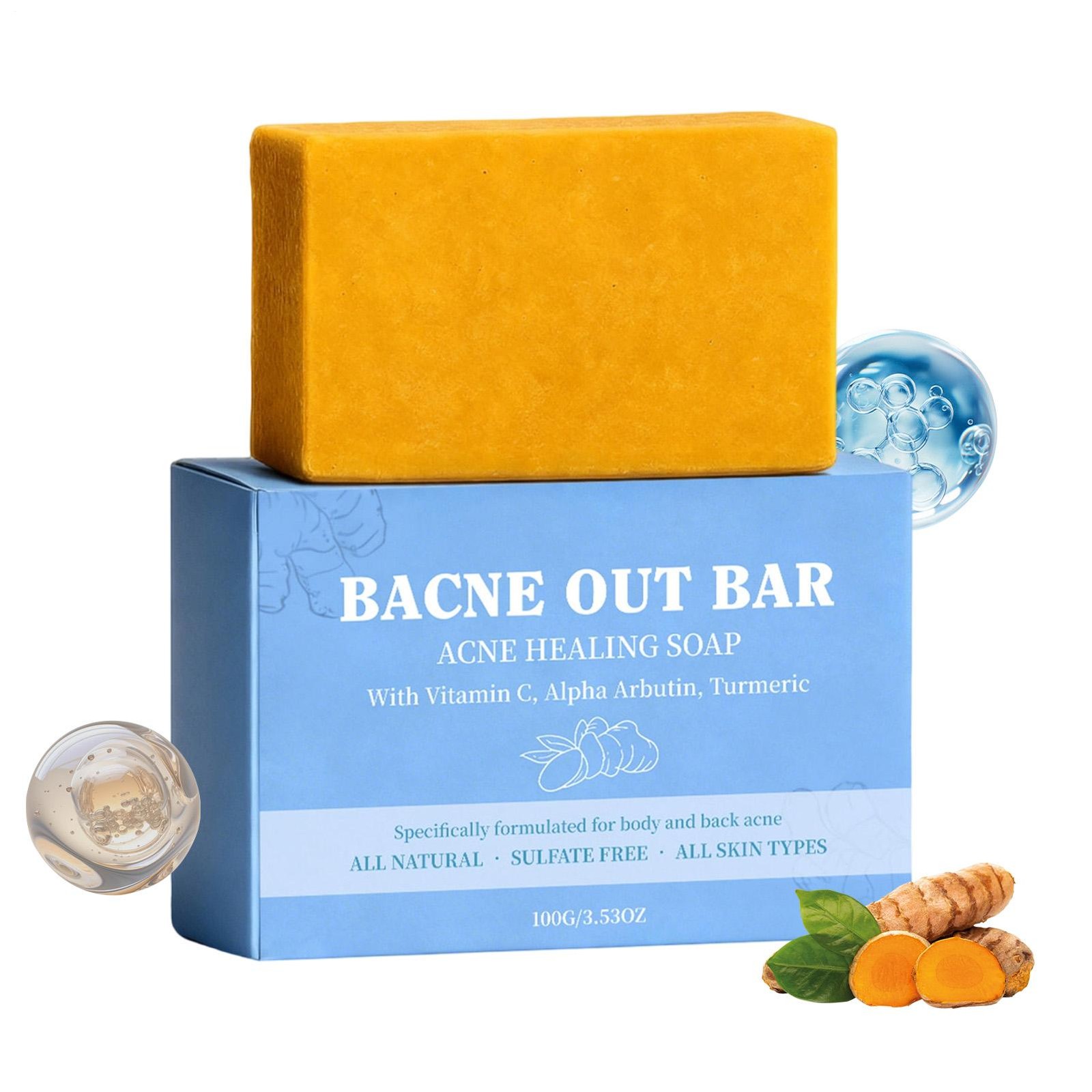 Bacne Out Bar, Acne Healing Soap with Turmeric Vitamin C& Alphaarbutin