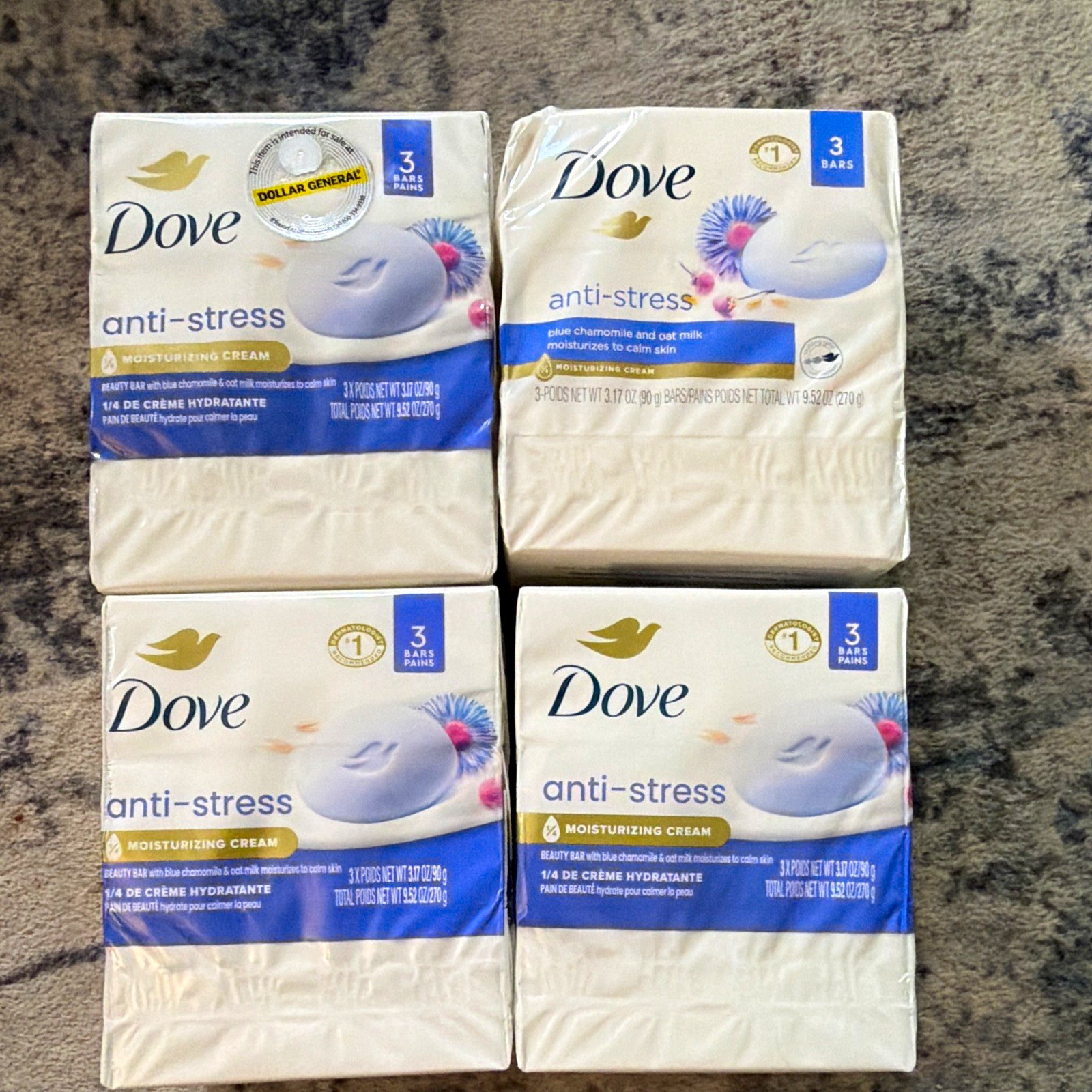 4 Dove Anti-Stress Moisturizing Beauty Bar Soap Blue Chamomile & Oat Milk 3 Bars