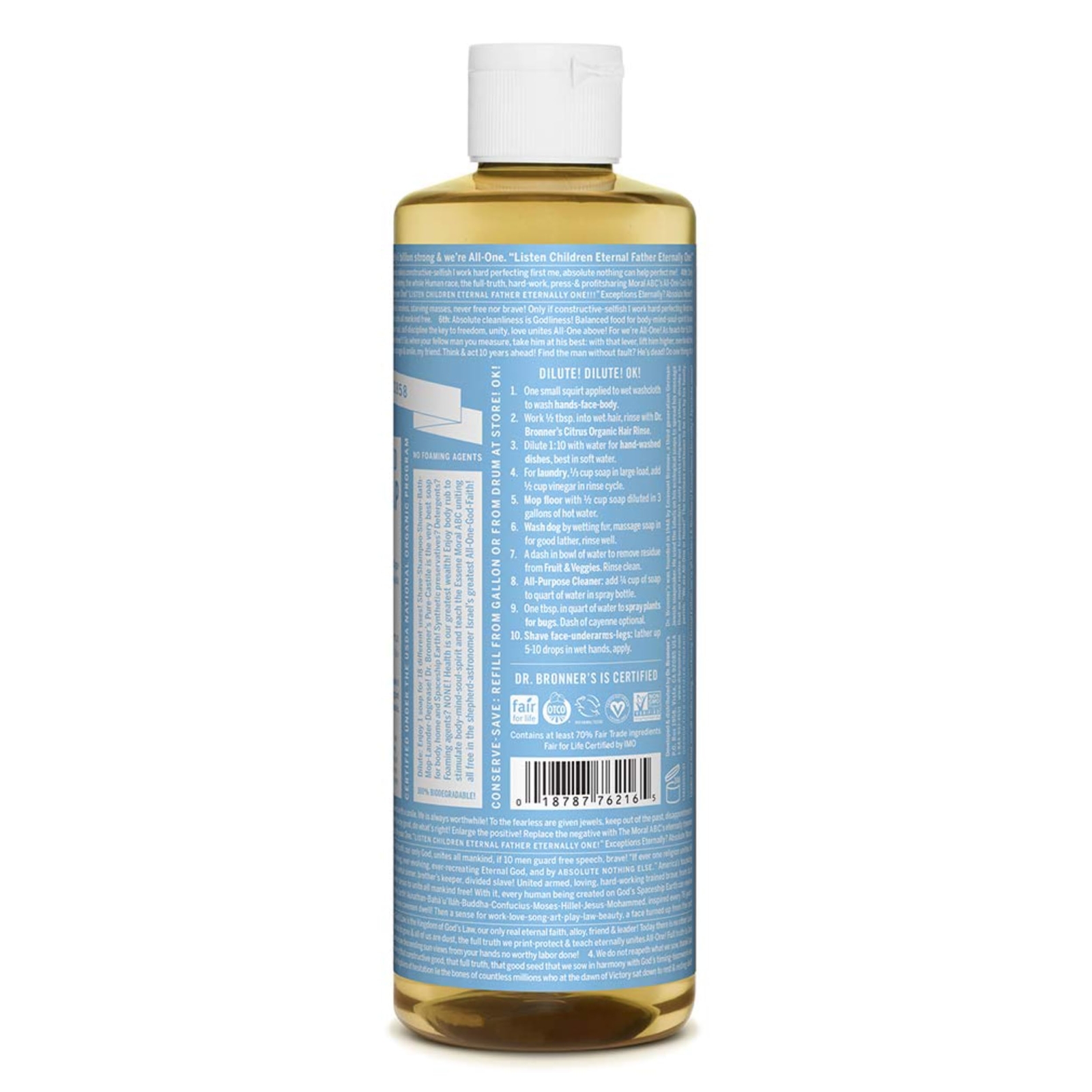 Dr Bronner’s Pure Castile Liquid Soap Baby Unscented 16 Oz Organic Fair Trade