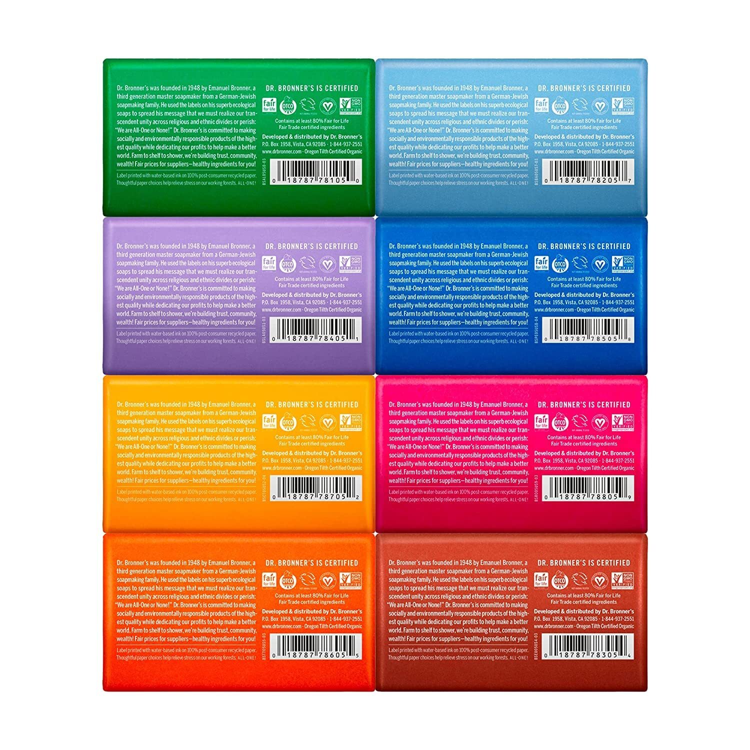 Dr Bronner’s Pure Castile Bar Soap Variety Pack 8 Count Organic 5 oz Each