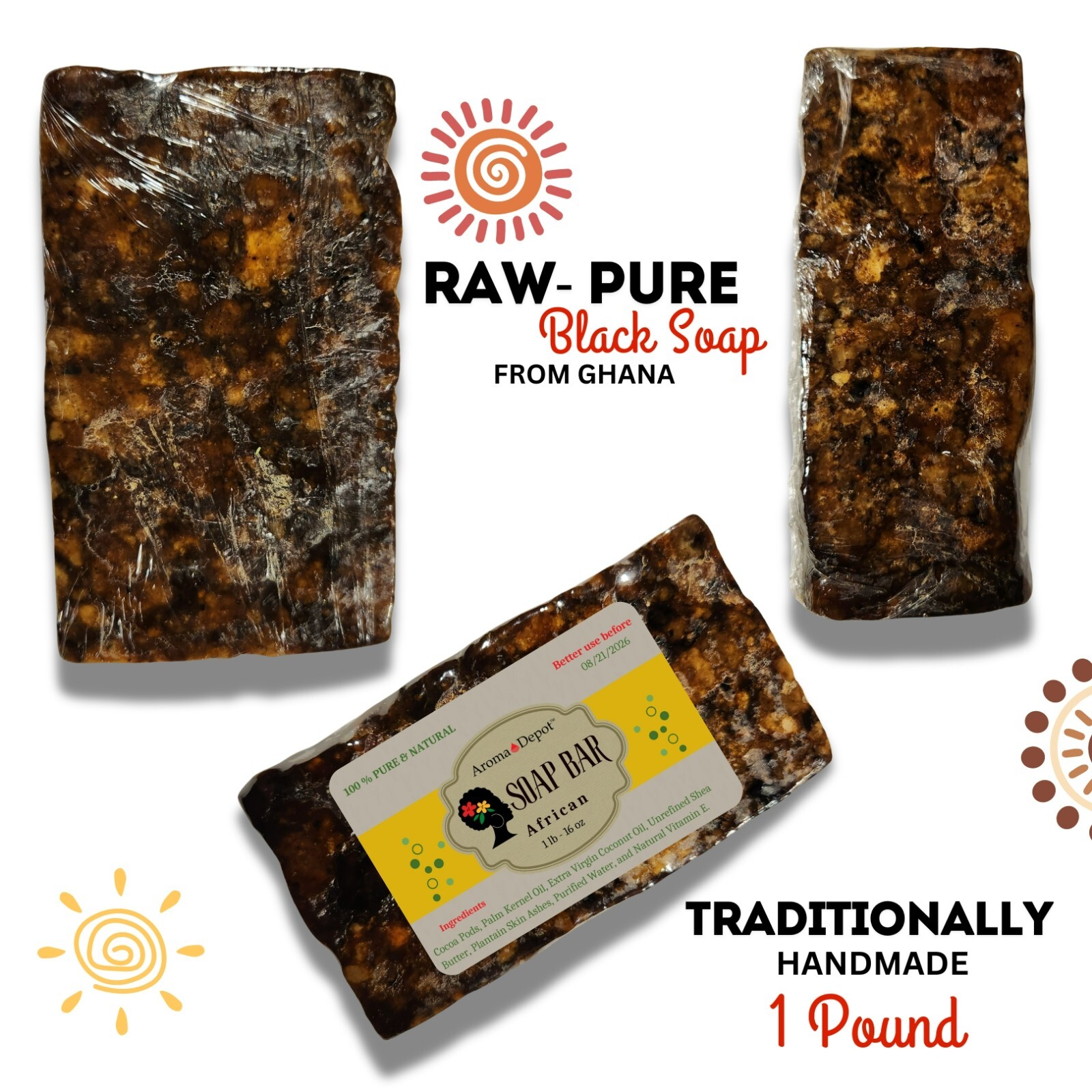 Raw African Black Soap 8oz 100% Pure Organic Unrefined Ghana Face Body Wash Bulk