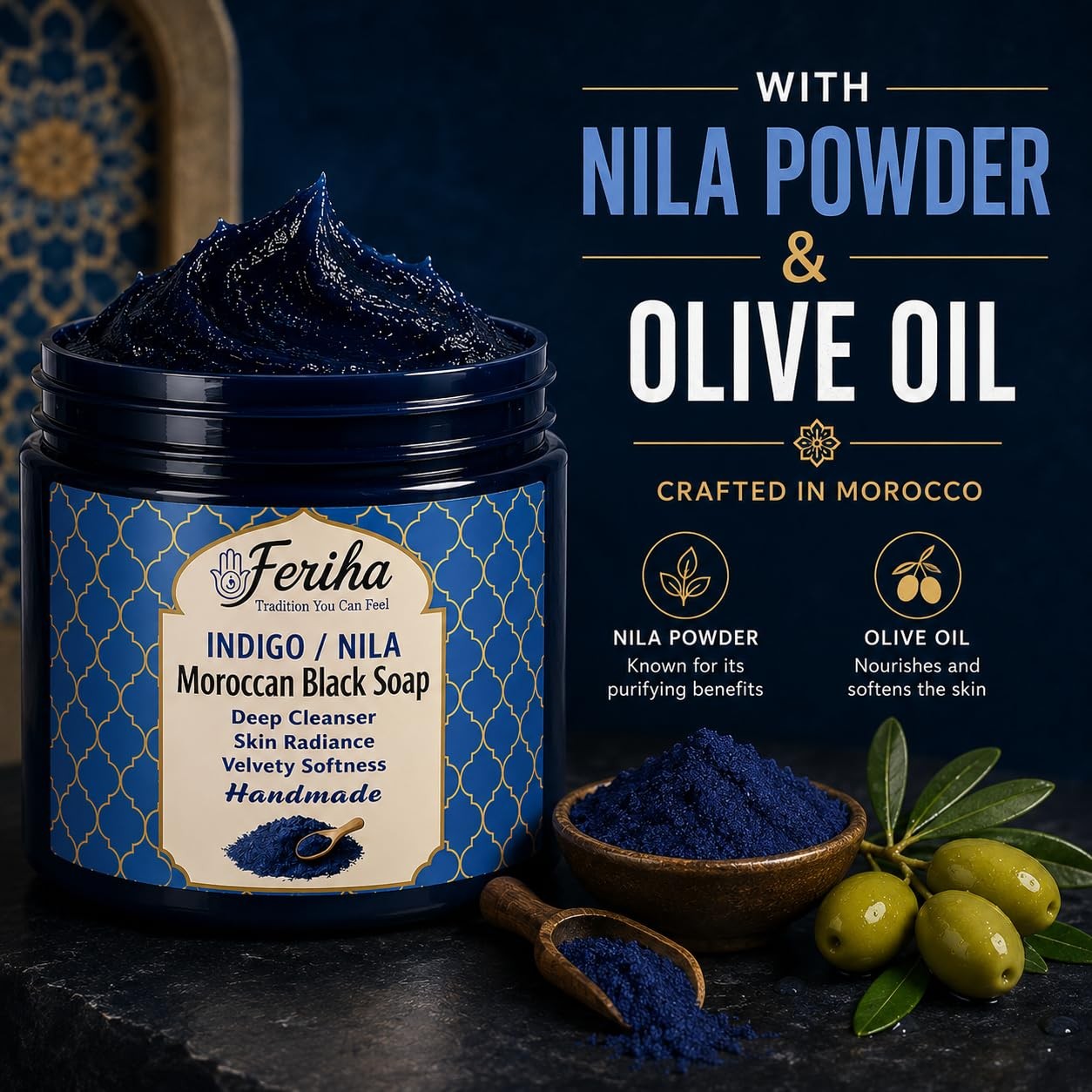 Traditional Moroccan Black Soap with Moroccan Indigo (Nila) – Olive-Based Aut…