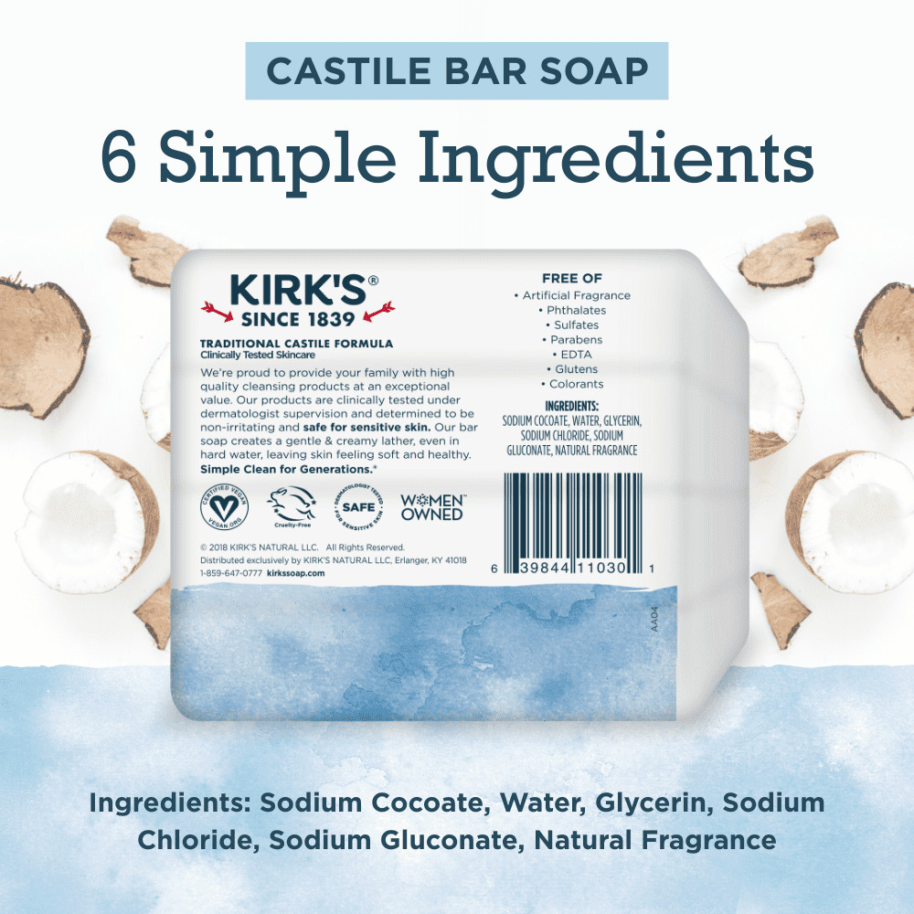Kirk’s Castile Soap, Premium Coconut Oil, Original Fresh Scent, 4oz Bars, 16Pack