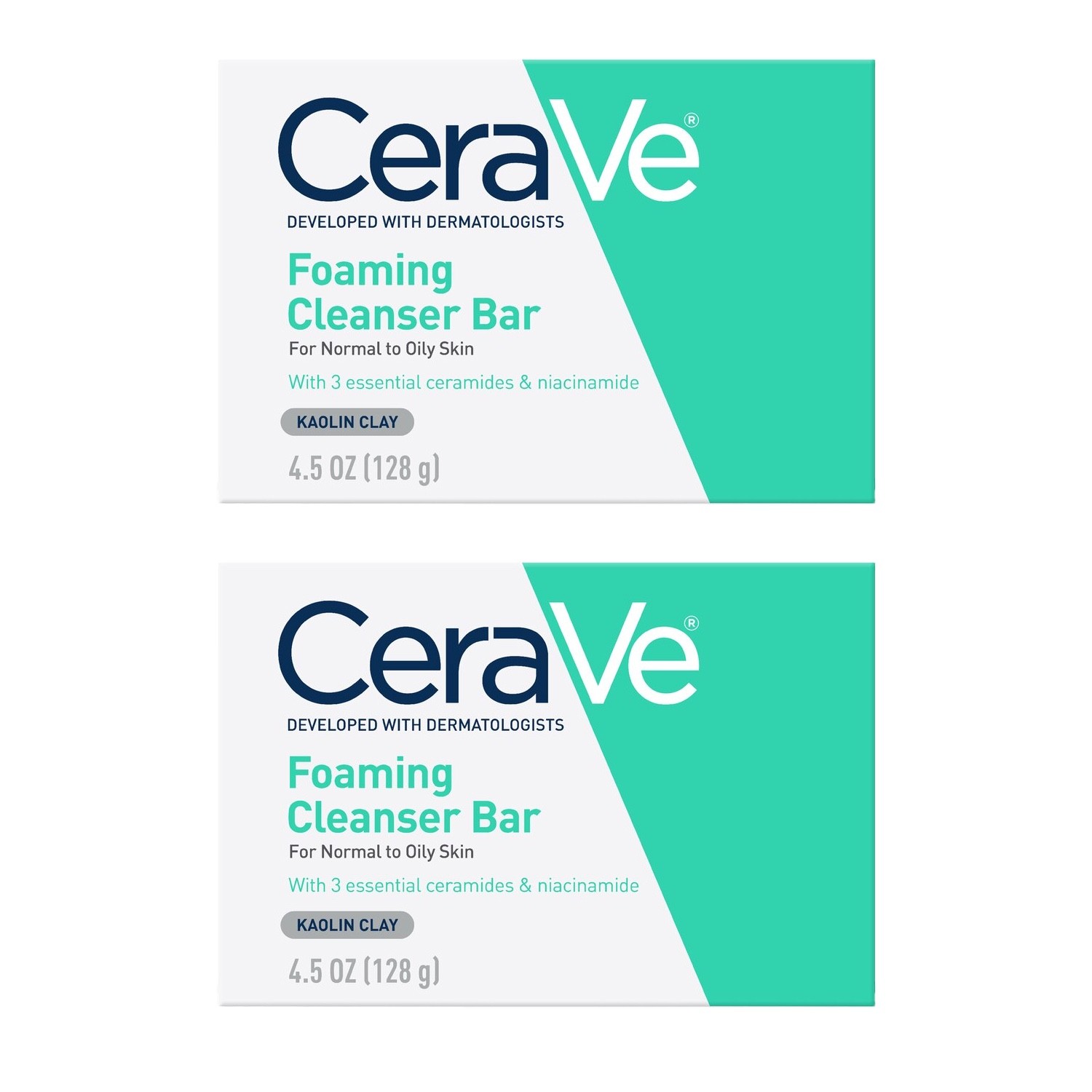 CeraVe Foaming Cleanser Bar Soap Kaolin Normal to Oily Skin 4.5oz (Lot of 2)