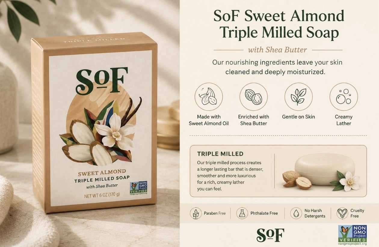 SoF Sweet Almond Triple Milled Soap 6oz with Shea Butter – Pack of 4