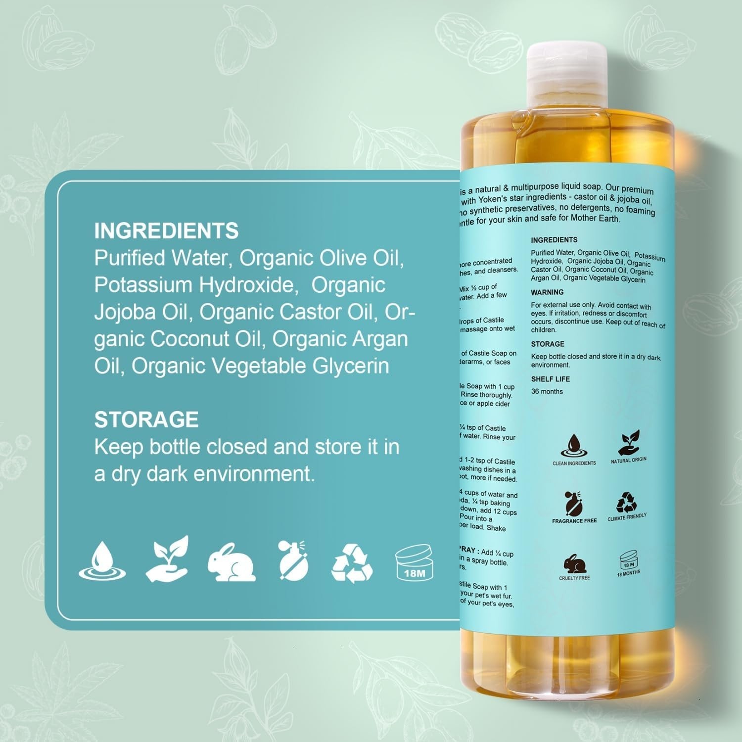 33.8 Oz Unscented Castile Soap with Organic Oils – Multi-Purpose Cleaner