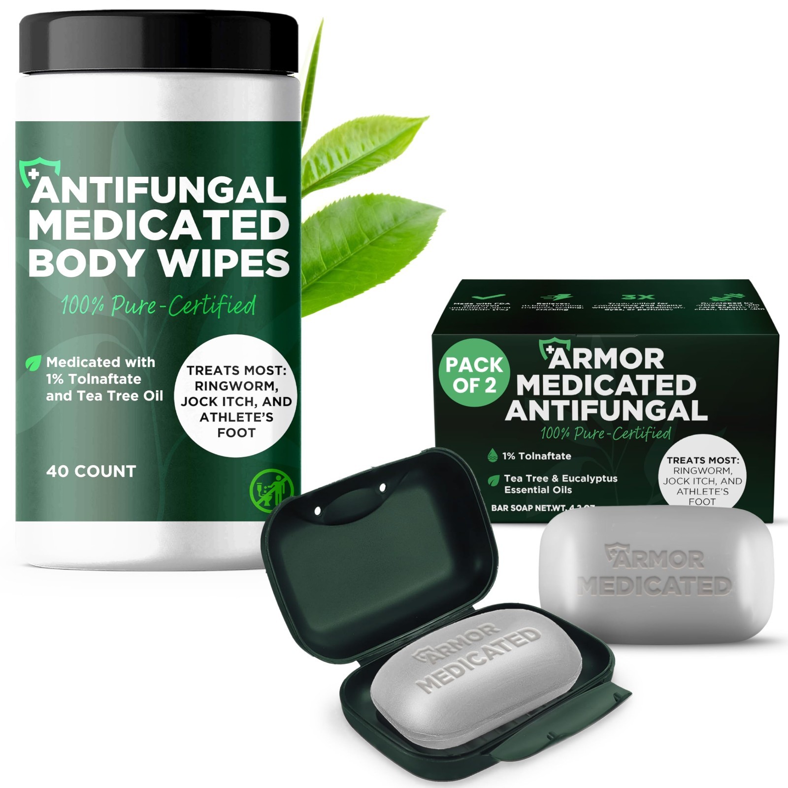 Antifungal Soap Pack with Case & Body Wipes | 1% Tolnaftate, Tea Tree Oil | Figh