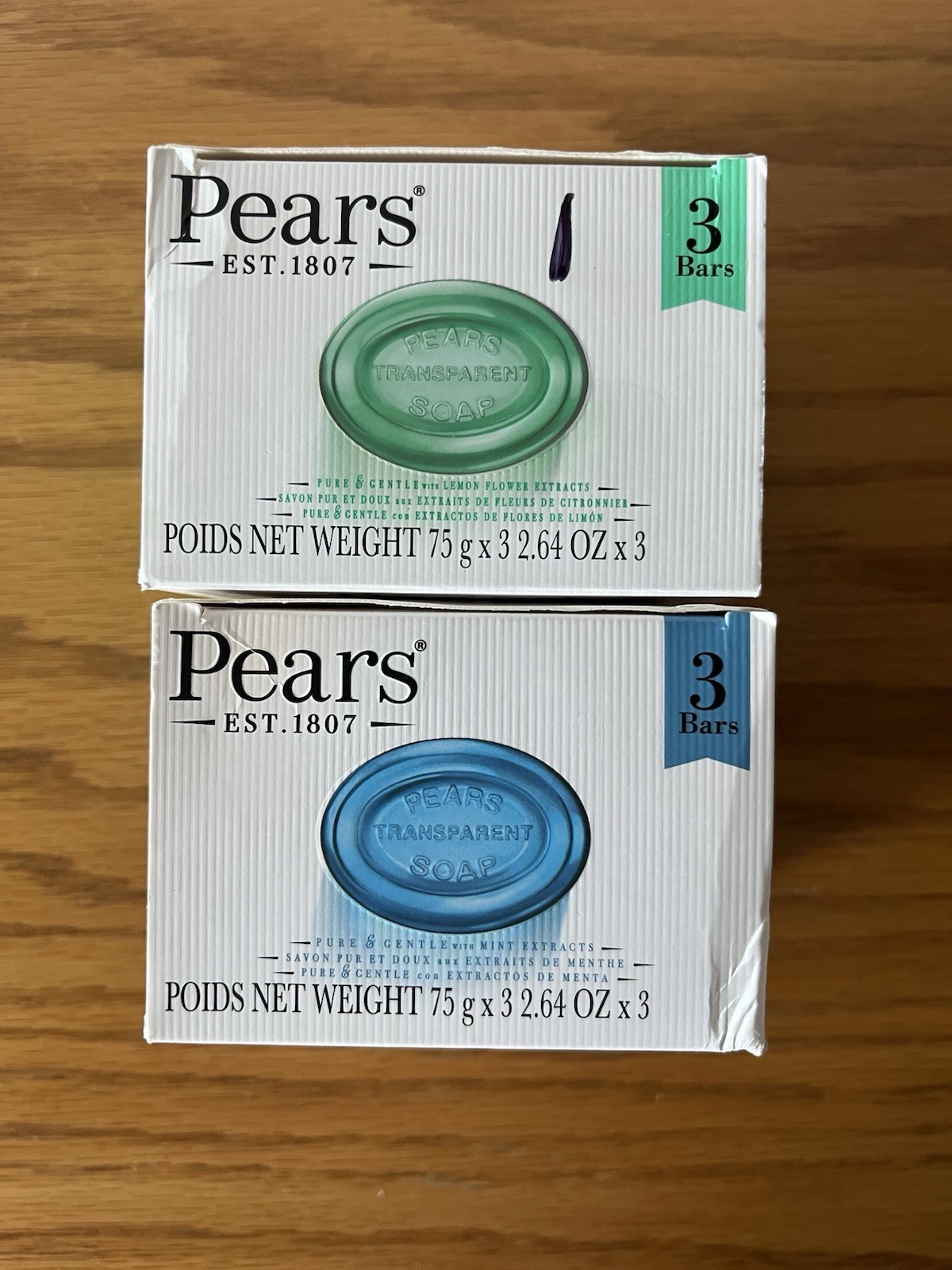 Pears Soap Bundle 1 Box W/Lemon Flower Extract & 1 Box W/ Mint Extracts 2.64 OZ