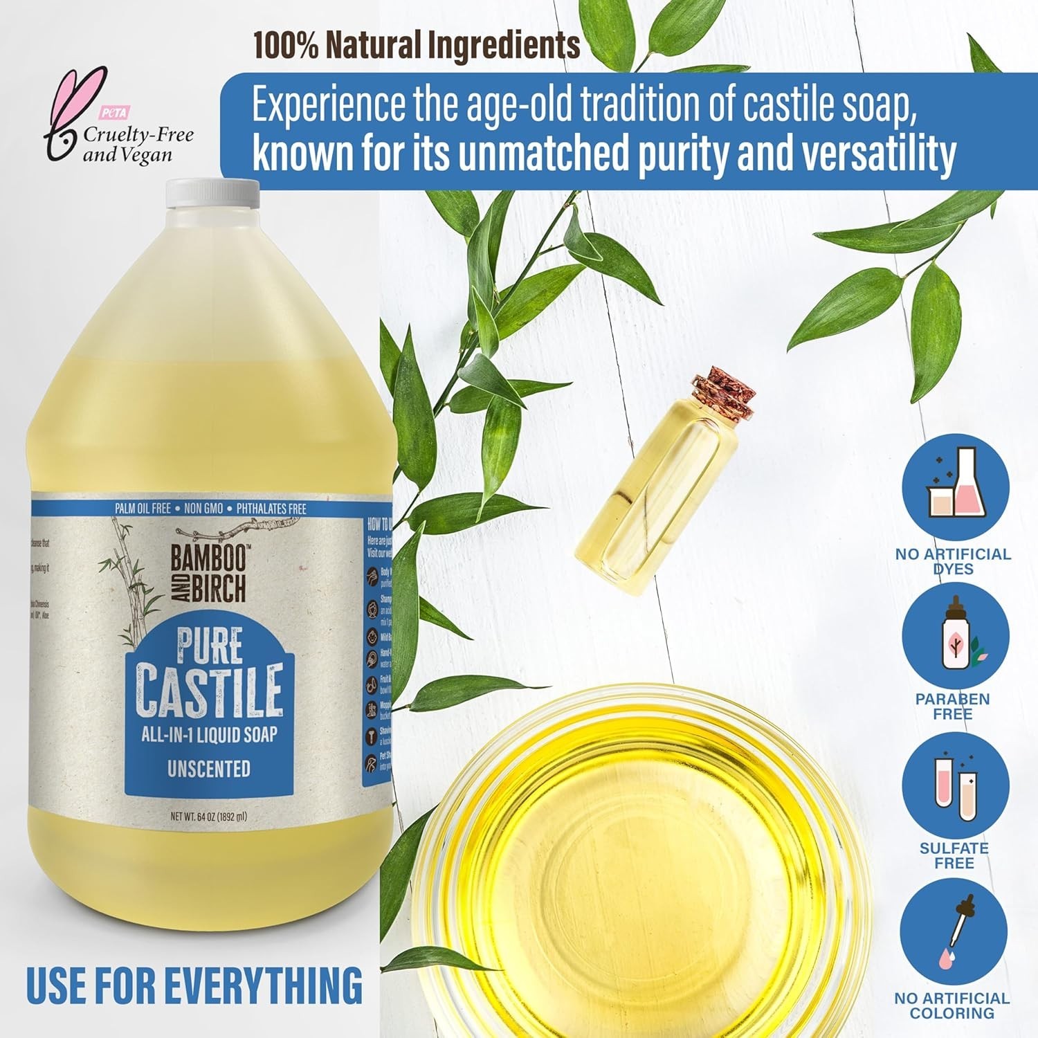 Pure Castile Soap Liquid Organic, Certified Palm 32 FL OZ or 64 Fl Oz Unscented