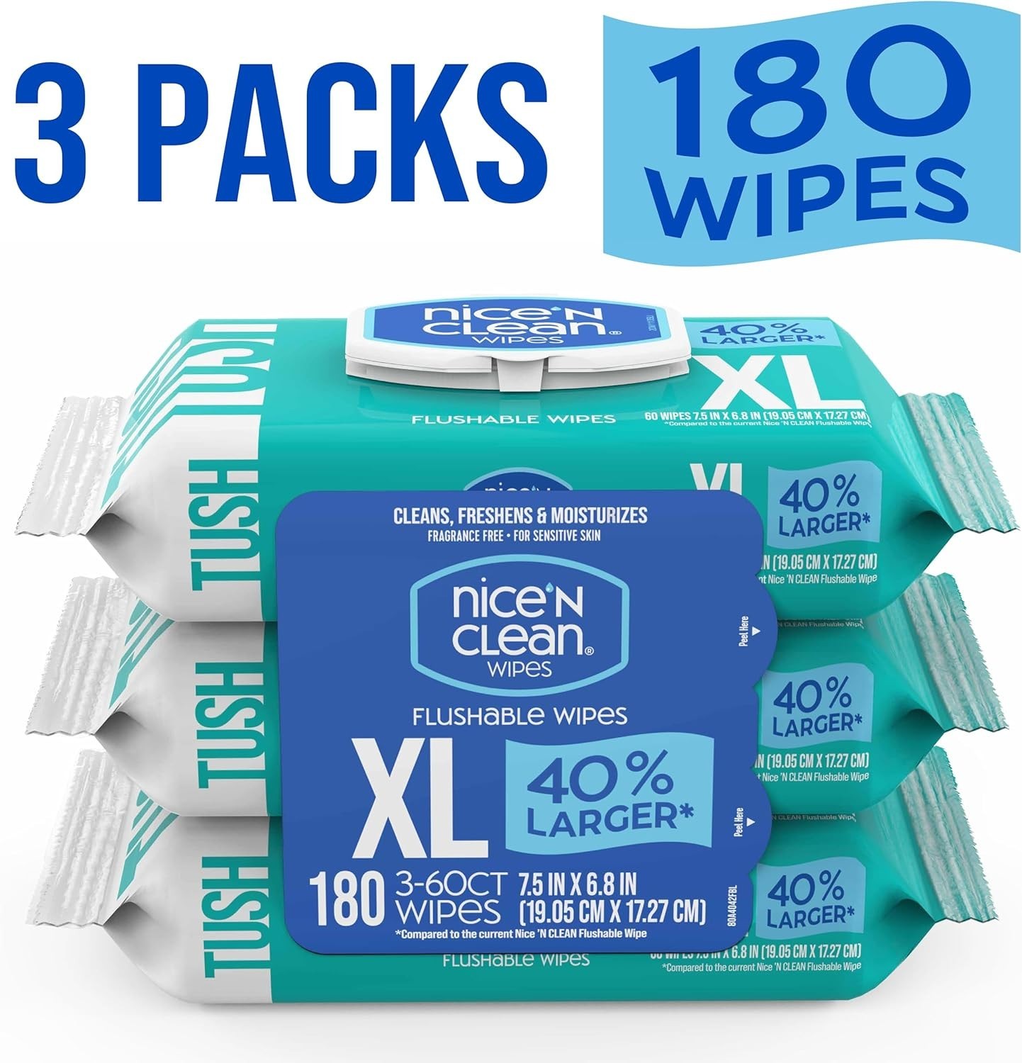 Extra Large Flushable Wipes – 40% Bigger, Unscented & Hypoallergenic 180 Count