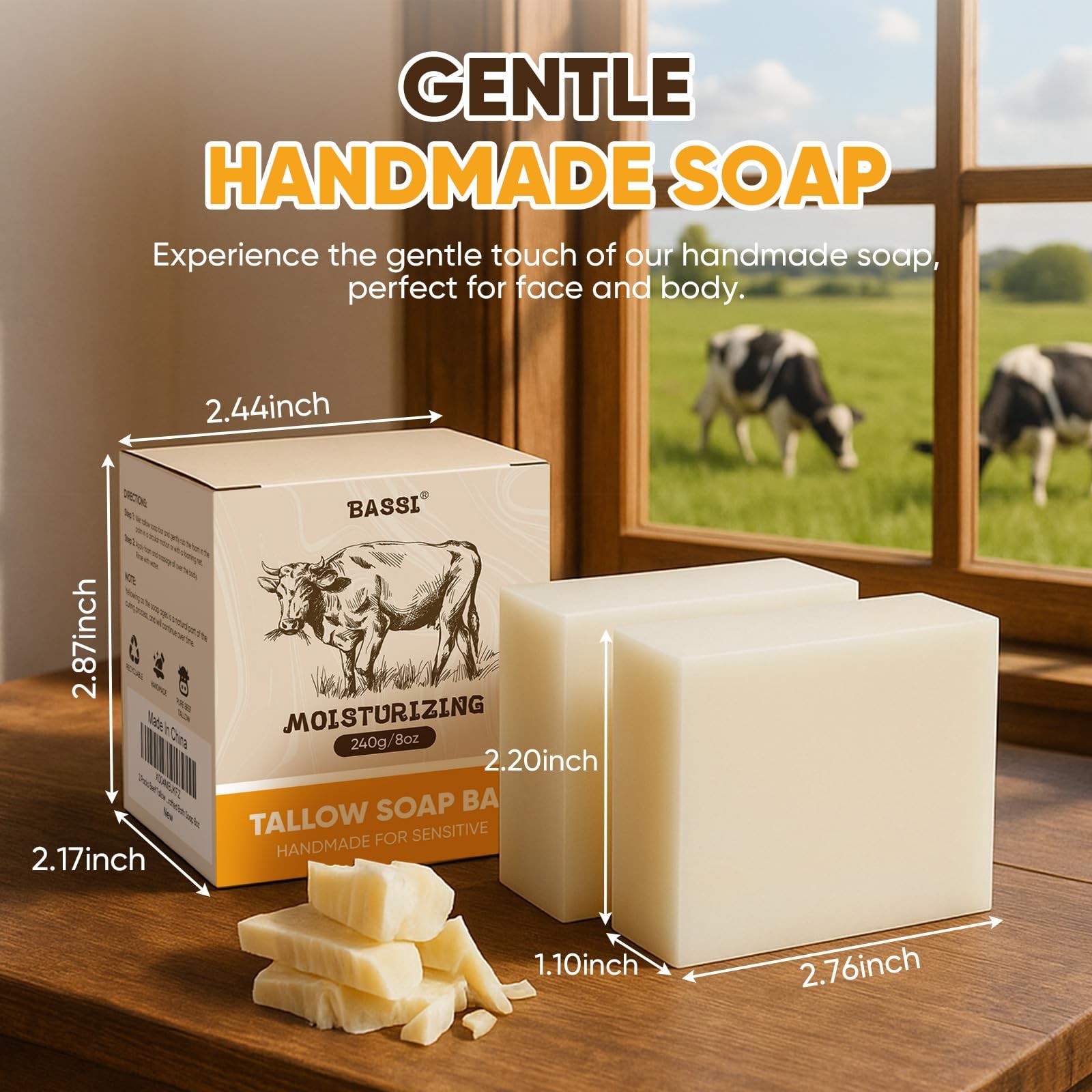 Beef Tallow Soap Bar, 2 Pack All Natural Grass Fed 4 Ounce (Pack of 2), Beige