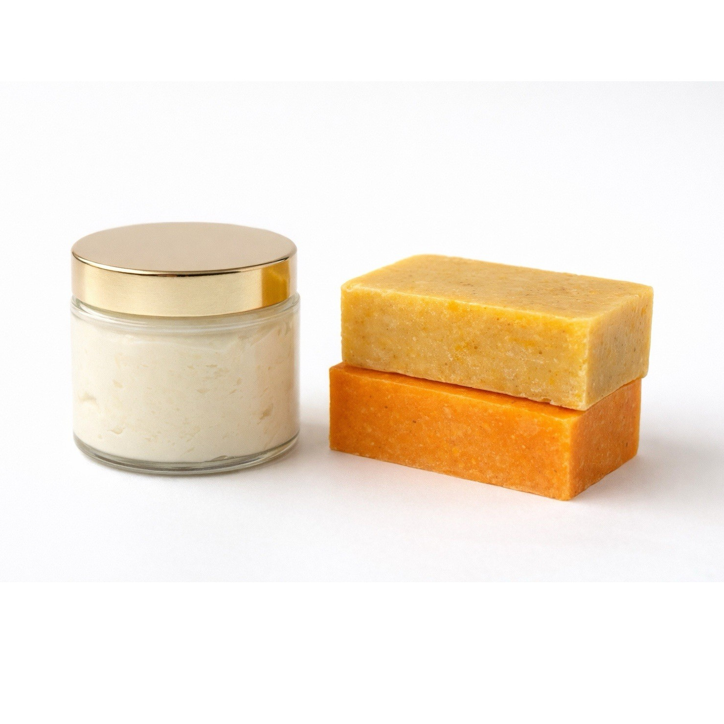 Yellow Orange Body Bar Soap Set for Body, Hands, with Cream Jar Gold Lid