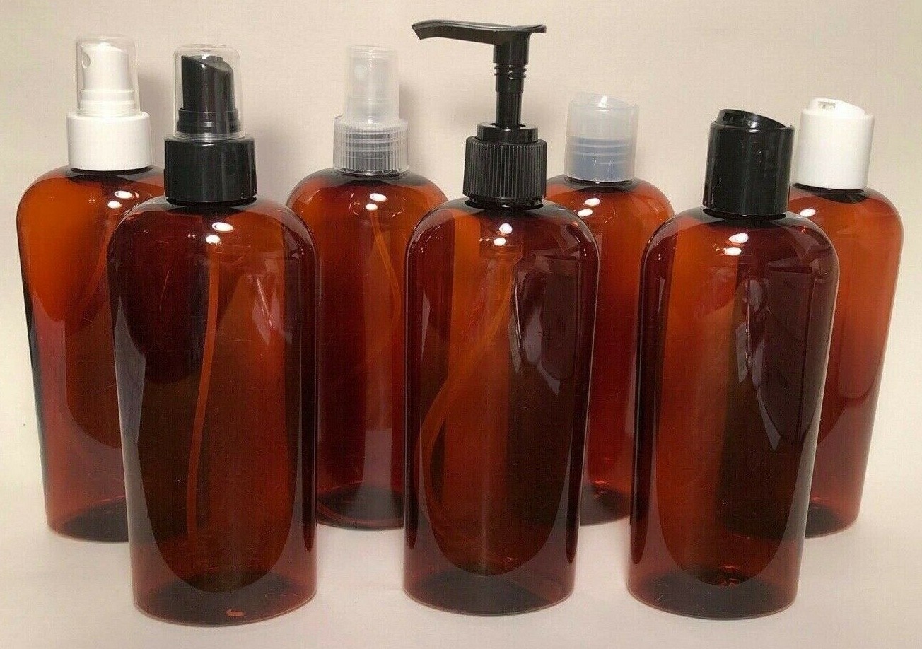 8 oz PET Plastic BPA free 24/410 Amber Cosmo Oval Bottle choice of caps