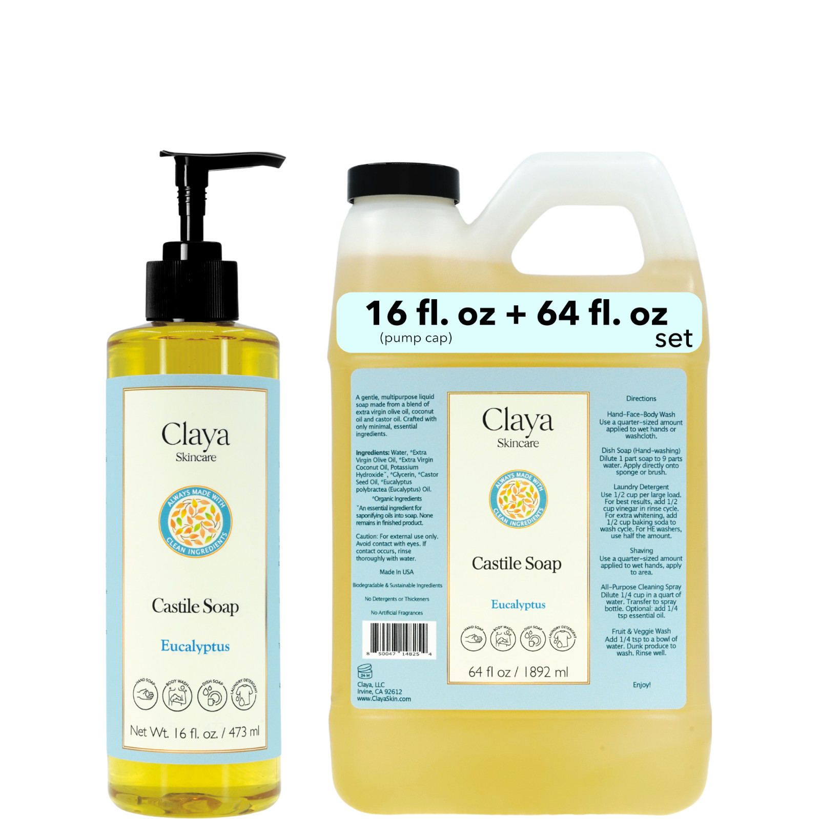 Eucalyptus Liquid Castile Soap Set – Organic Ingredients, Gentle for skin
