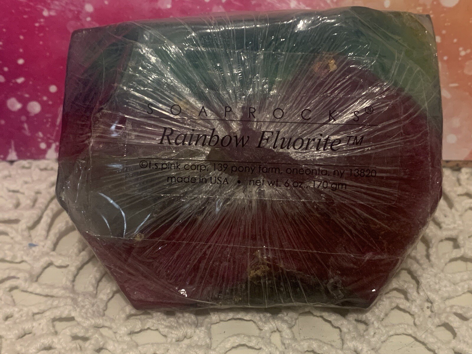 New sealed TS Pink Soap rocks-rainbow fluorite- gemstones-scented teal fuchsia