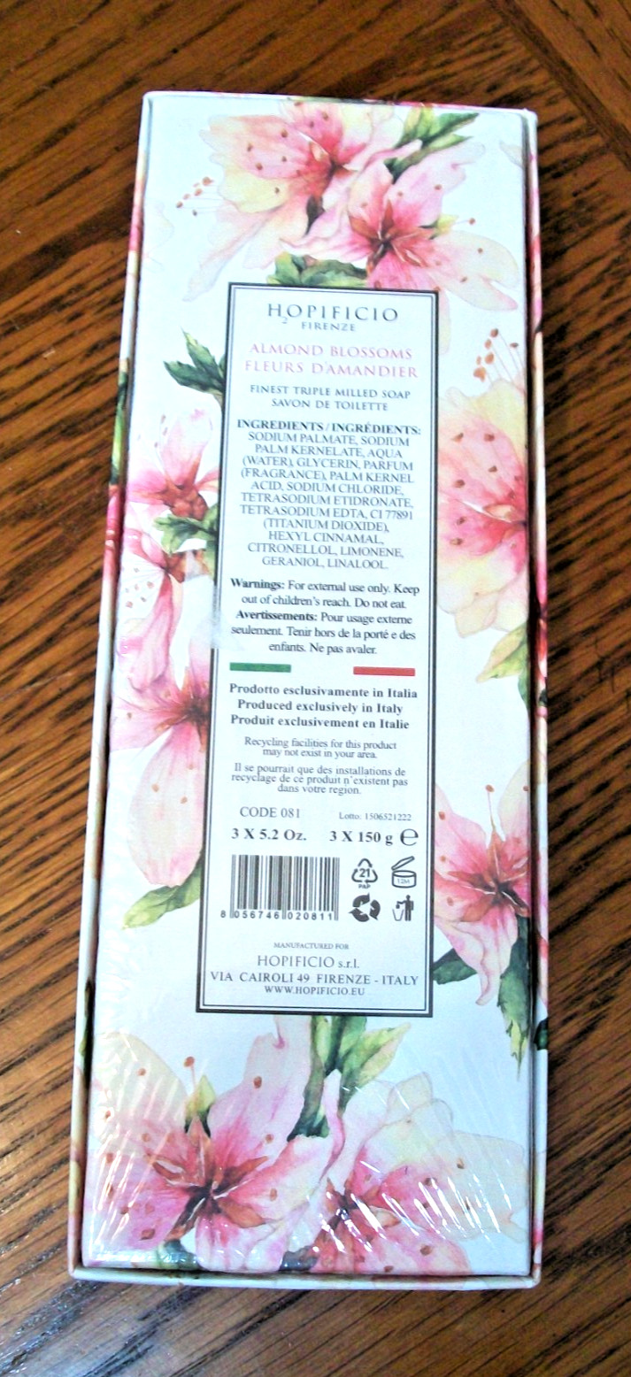 ALMOND BLOSSOMS~HOPIFICIO FIRENZE FINEST TRIPLE MILL SOAP~3 BARS~MADE IN ITALY~