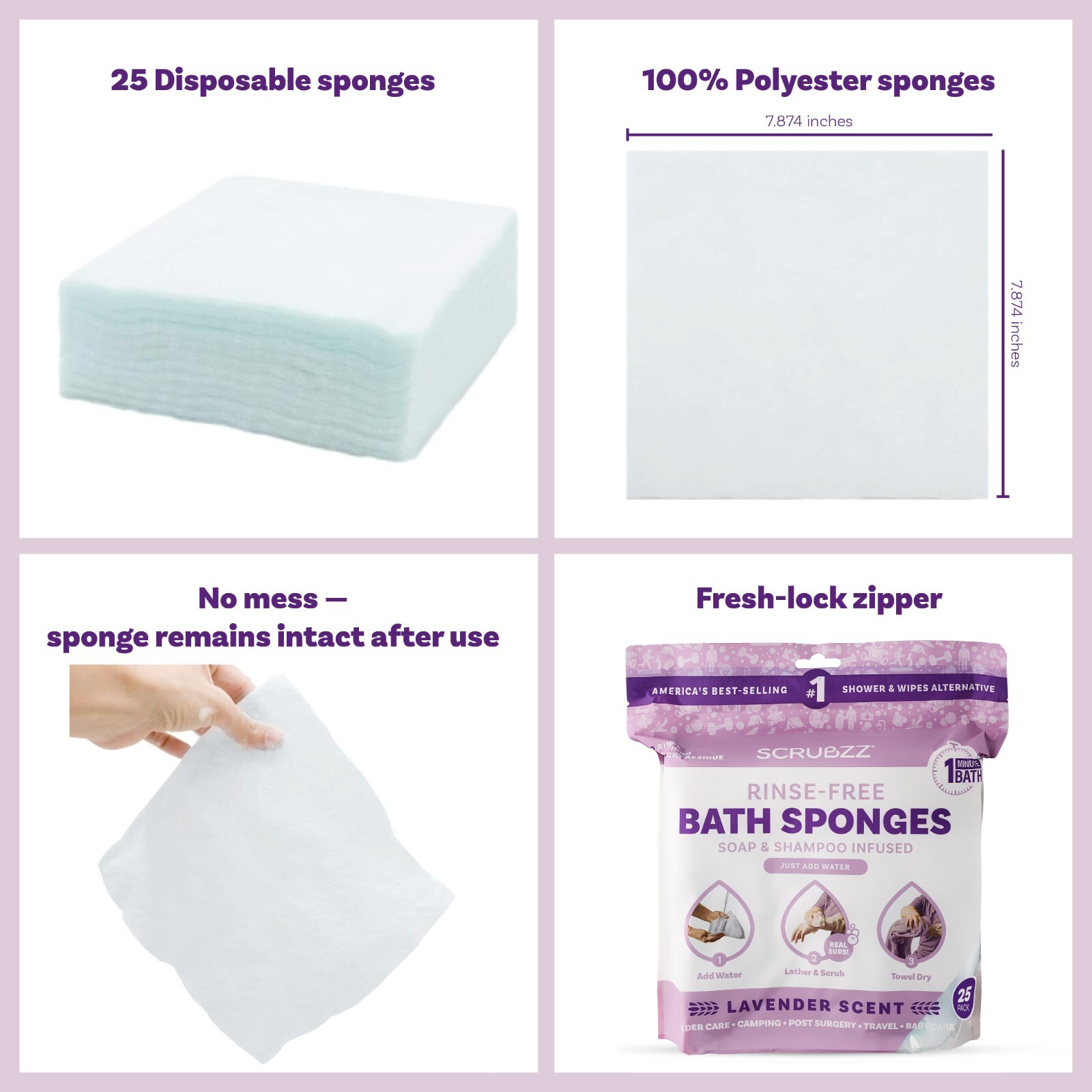 Scrubzz Disposable Rinse Free Bathing Sponges – Lavender, 200 Count